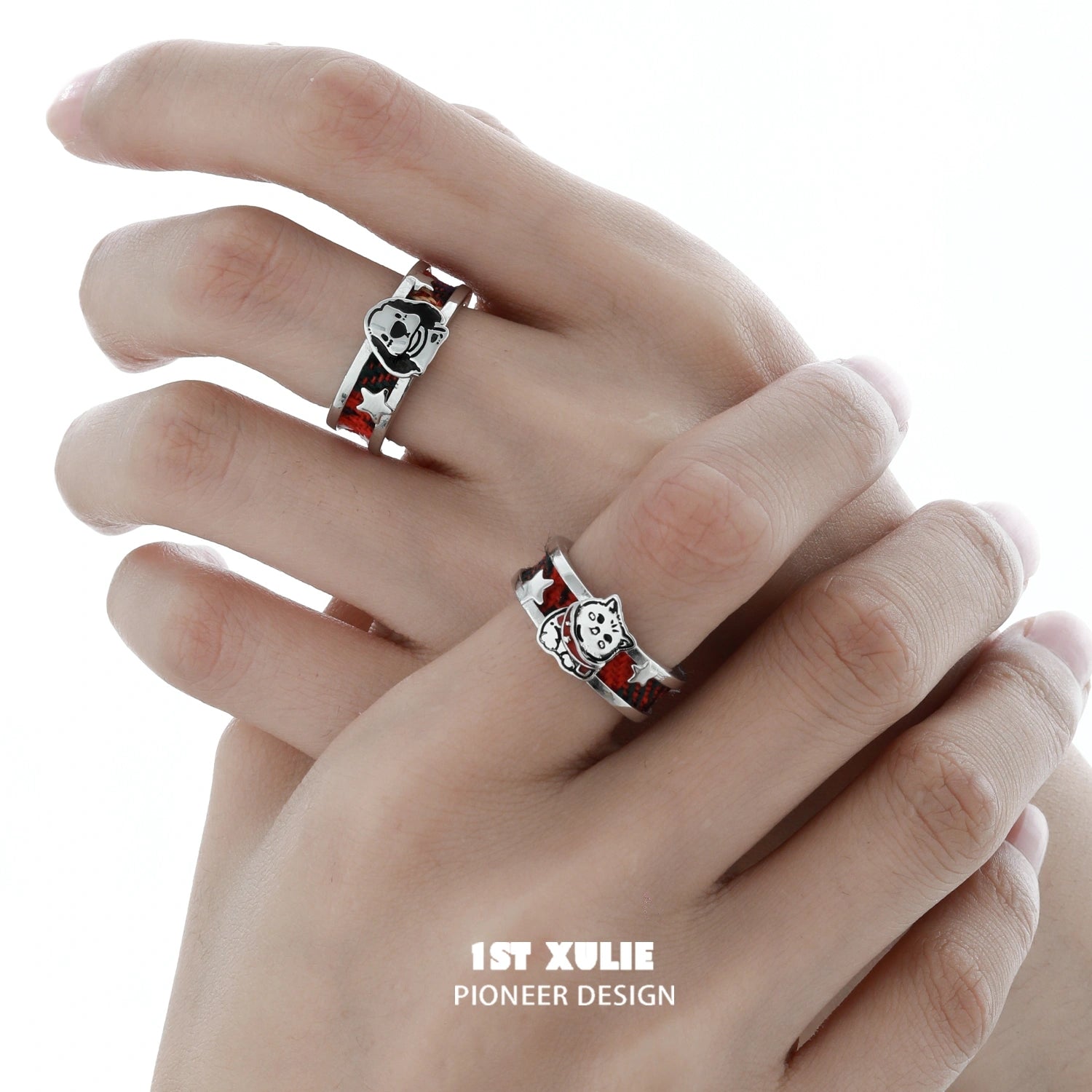 2024 Christmas Kitten & Puppy S925 Sterling Silver Adjustable Tartan Rings - Perfect Holiday Gift for Pet Lovers, Couples & Friends - Great for Christmas Parties, Stocking Stuffers & Festive Jewelry Gifts