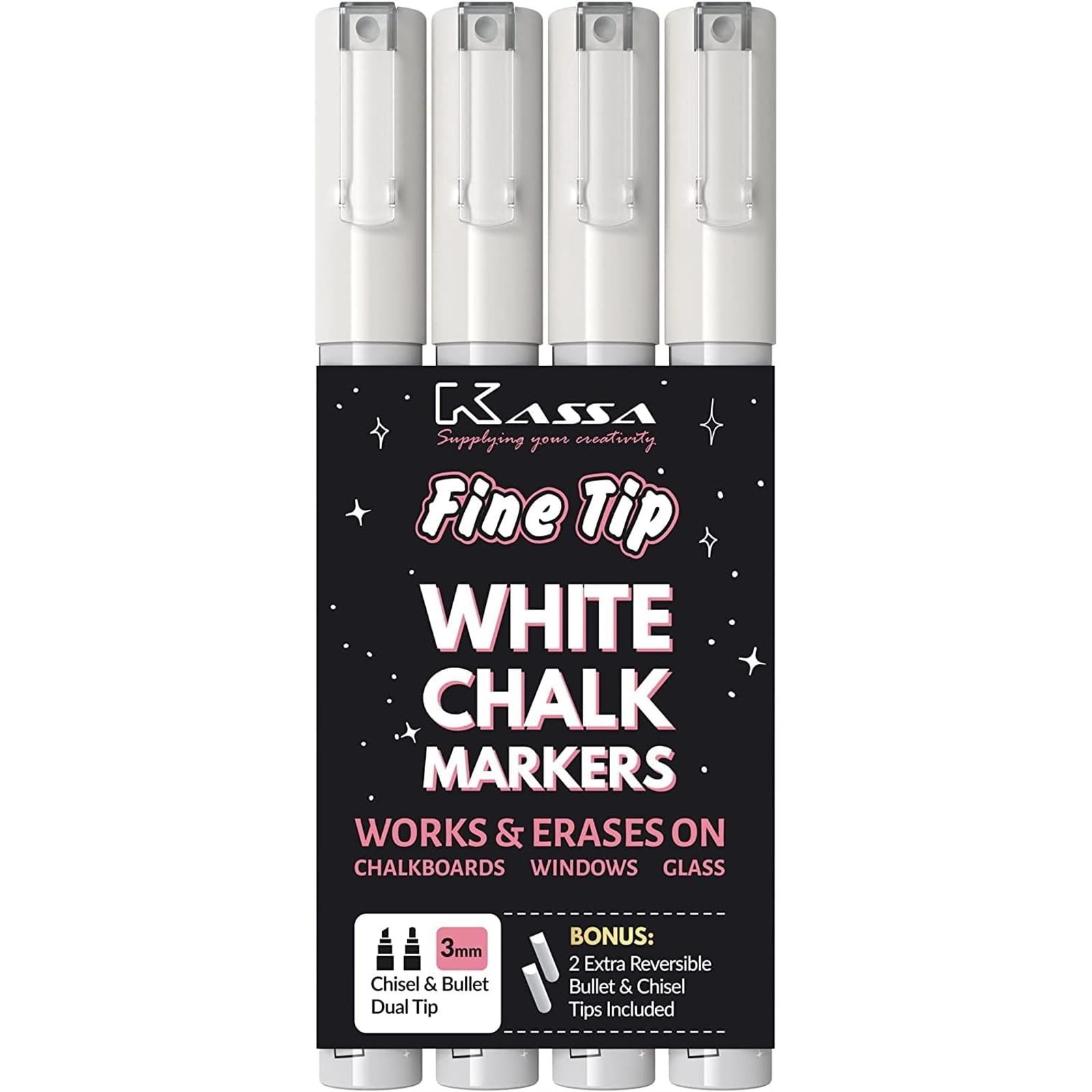Kassa 4-Pack Fine Tip White Chalk Markers with 2 Reversible 3mm Bullet & Chisel Tips - Non-Toxic, Erasable & Dust-Free Chalkboard Markers for Windows, Mirrors, Blackboards - Perfect for Home, School, Office, Restaurants & Retail Signage