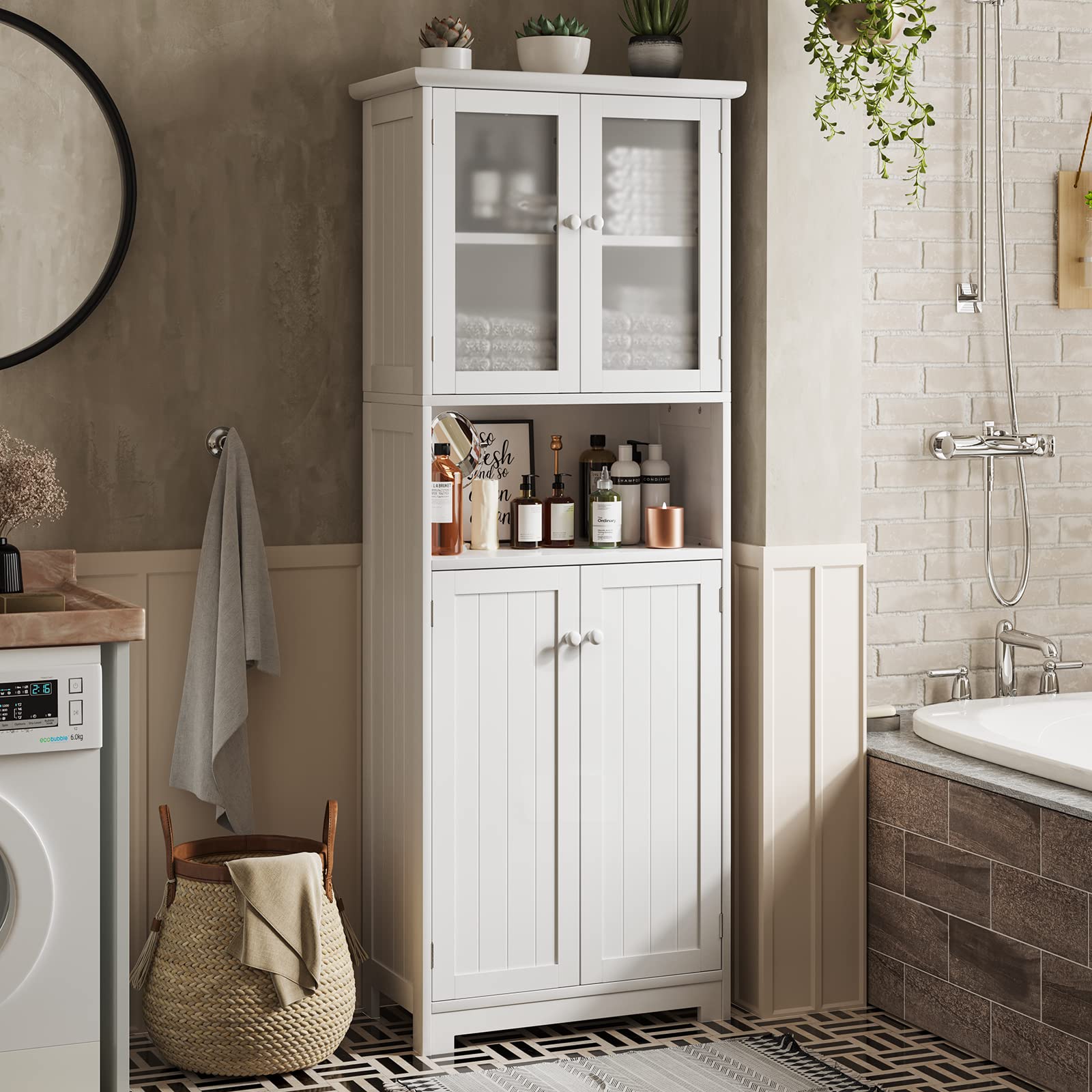 Tall Bathroom Storage Cabinet with Glass Doors - Adjustable Shelves & Open Compartment - White Linen Cabinet for Bathroom, Kitchen, Laundry Room (11.8