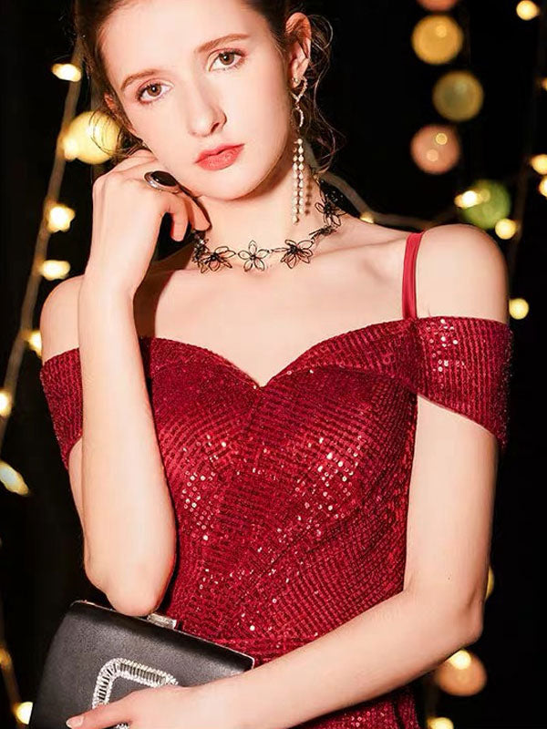Sparkling Sequin Evening Dresses for Women - Sexy Off Shoulder Long Sleeve High Slit Floor Length Maxi Gown for Prom, Party, Wedding & Special Occasions