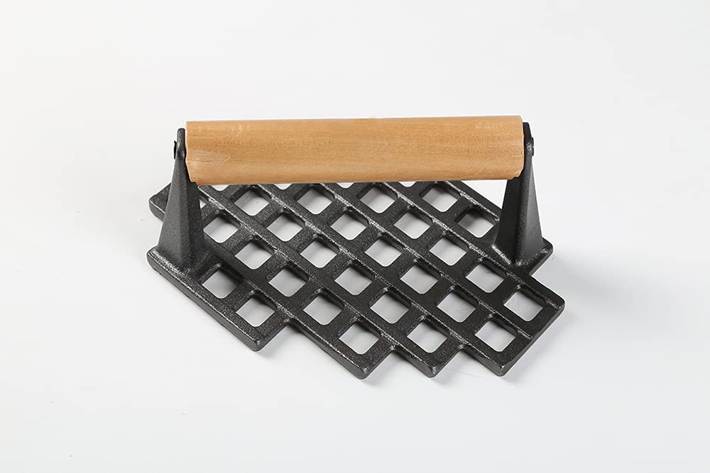 HAWOK Cast Iron Pre-Seasoned Grill Panini Press with Wooden Handle - Set of 2 Heavy Duty Grill Weights for Panini, Burgers, Steaks & Sandwiches - Perfect for Indoor/Outdoor Cooking, BBQ & Camping