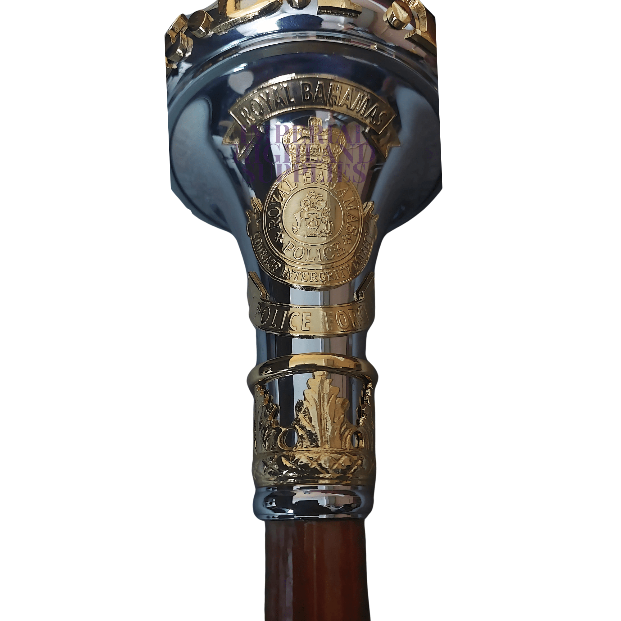 Custom Made Drum Major Mace Stave with Scrolls & Crown Top - Royal Bahamas Police Force Marching Band Equipment for Parades & Ceremonies