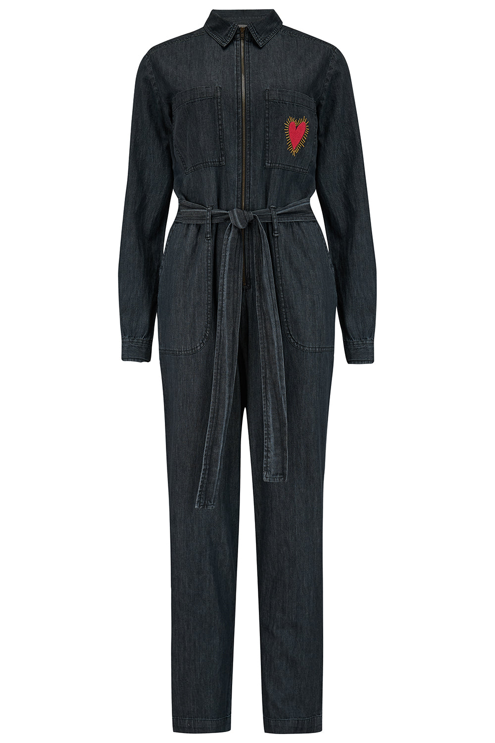 Anwen Boilersuit Jumpsuit for Women - Washed Black with Heart Burst Print | Comfortable Workwear Coveralls for Mechanics, Painters & DIY Projects