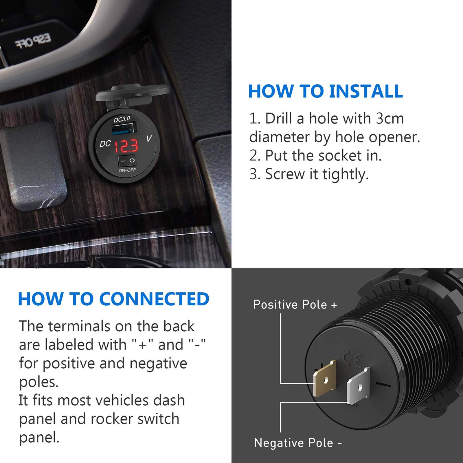 Leyeet Quick Charge 3.0 USB Car Charger with Digital Voltmeter & ON/Off Switch - Fast Charging Port for iPhone, Android, Tablet - Compatible with Cars, Trucks, Marine, ATV, Motorcycle (Red) - Perfect for Road Trips, Camping & Outdoor Adventures