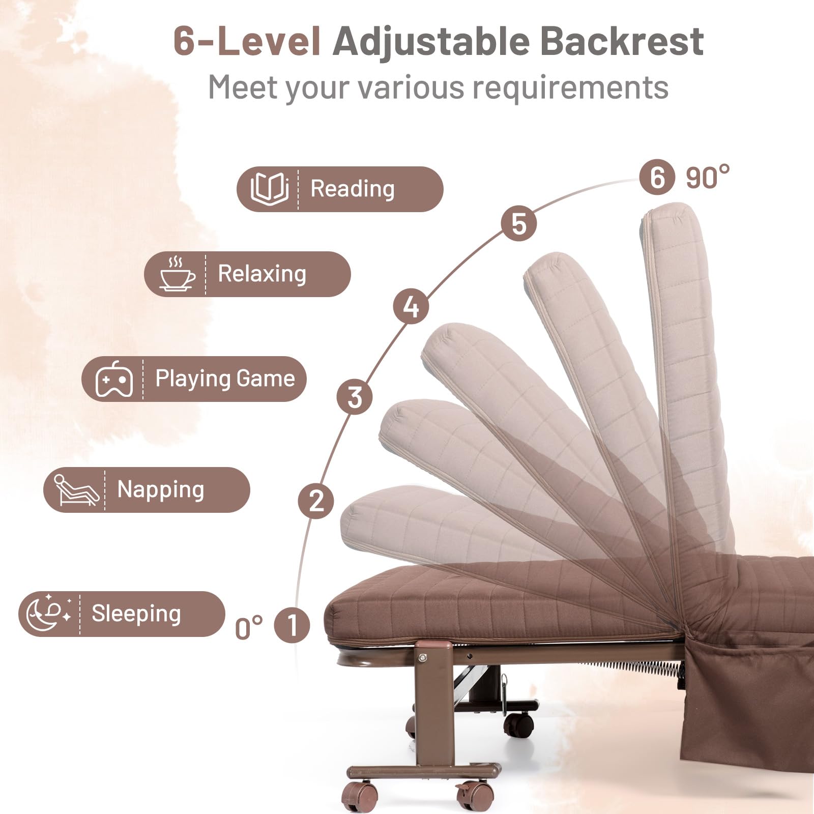 KOMFOTT Folding Rollaway Bed with Mattress - Portable Guest Bed for Adults, 6-Position Adjustable Backrest & Reinforced Steel Frame, Foldable with Side Storage Pocket - Perfect for Spare Rooms, Camping & Temporary Sleeping Solutions