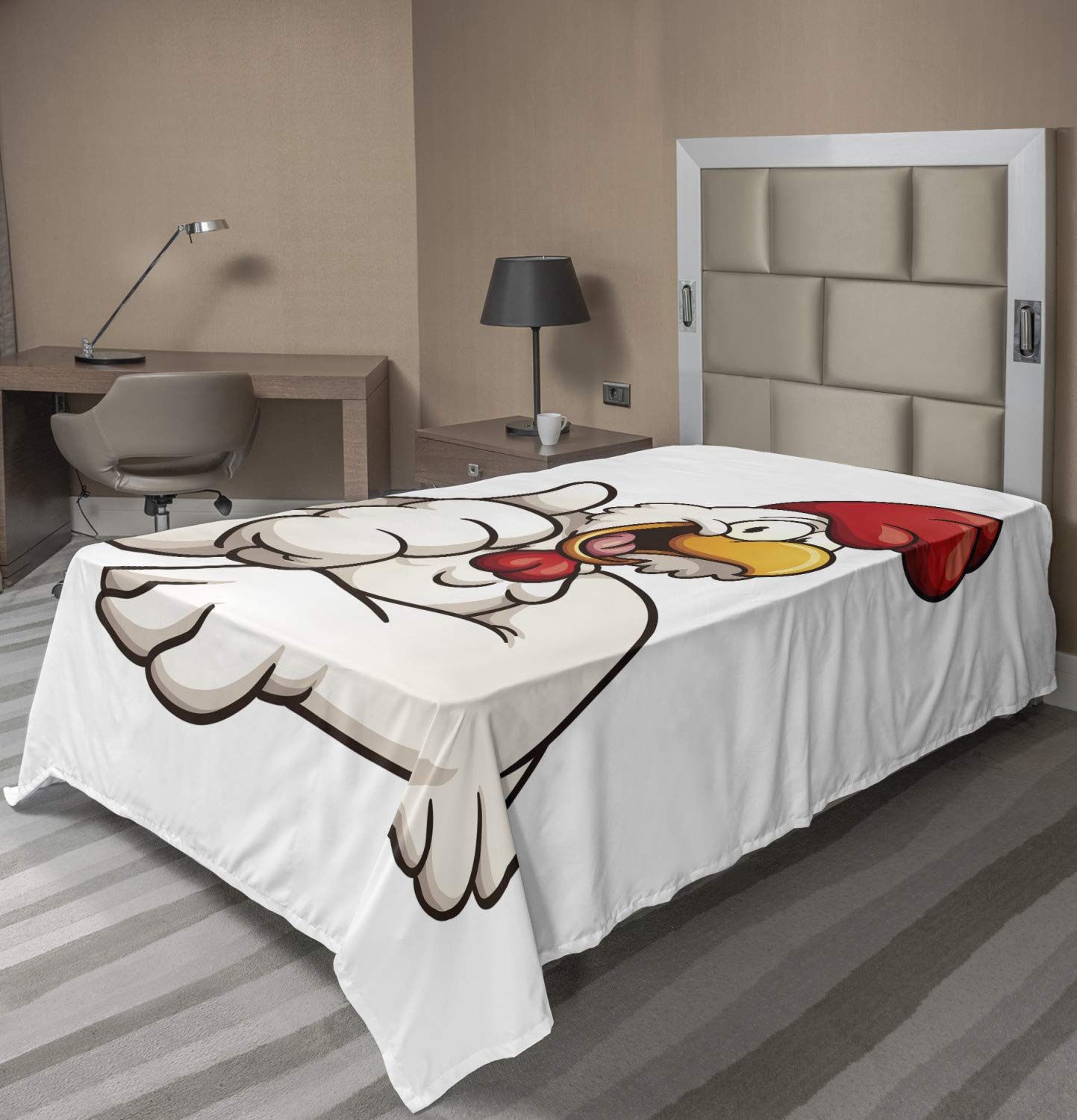 Ambesonne Smile Flat Sheet - Funny Cartoon Chicken Design with Thumbs Up | Soft & Comfortable Twin Size Top Sheet (White Vermilion Eggshell) | Perfect for Kids' Rooms, Dorm Decor & Whimsical Bedroom Themes