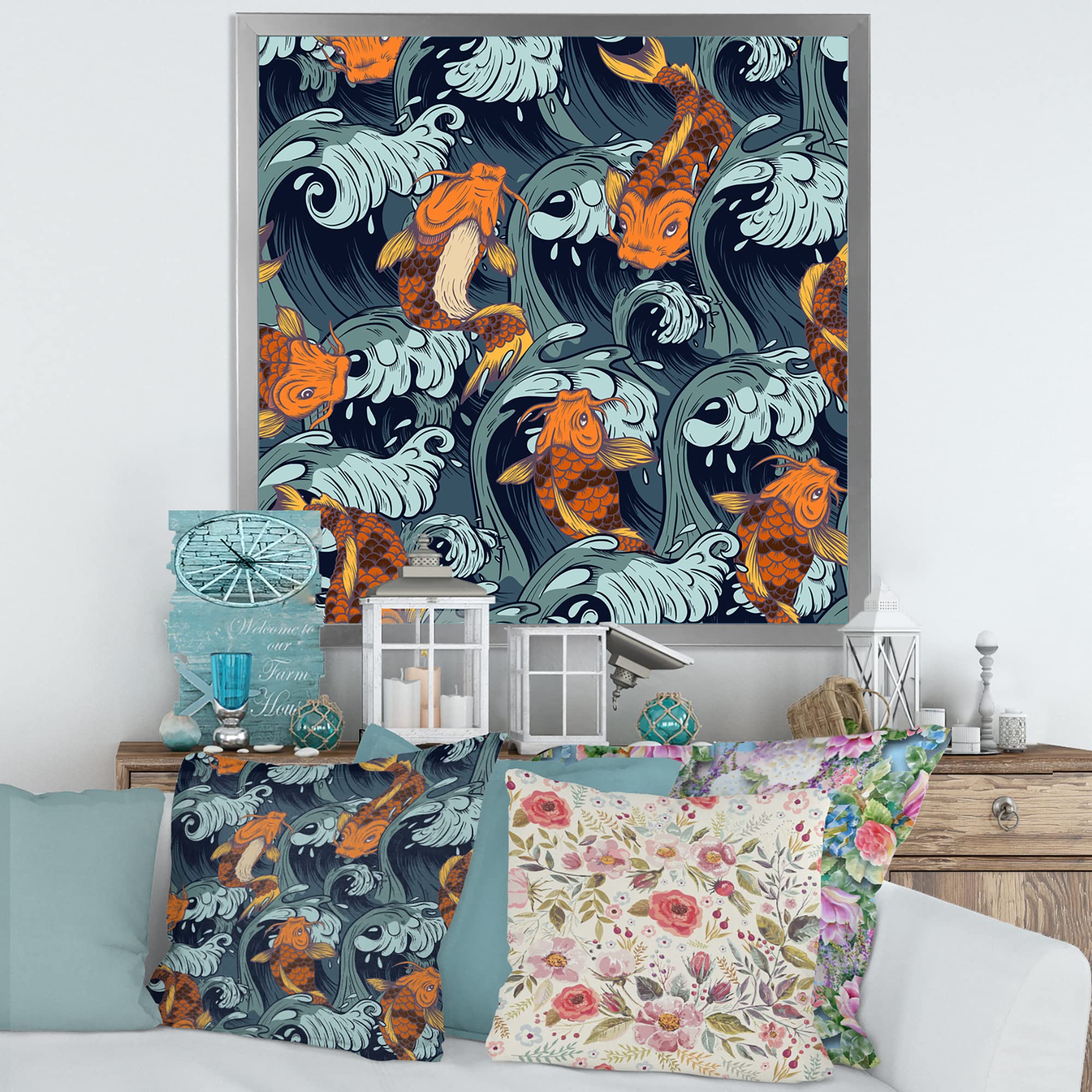 DesignQ Japanese Koi Fish Framed Wall Art - Coastal & Nautical Home Decor for Living Room, Bedroom, Office | Perfect Zen Decor for Asian Inspired Interiors