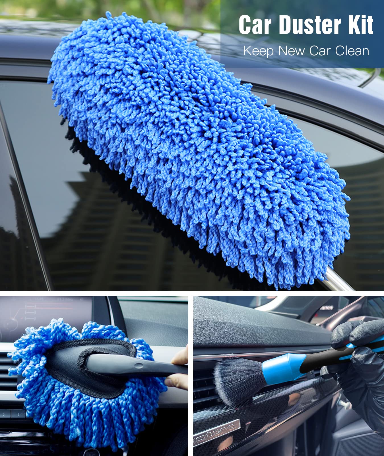 3 Pack Car Duster Kit - Extendable Microfiber Dust Brush, Scratch-Free Dash Duster & Soft Interior Brush for Car, Motorcycle & Home Cleaning - Perfect for Vehicle Detailing & Household Maintenance