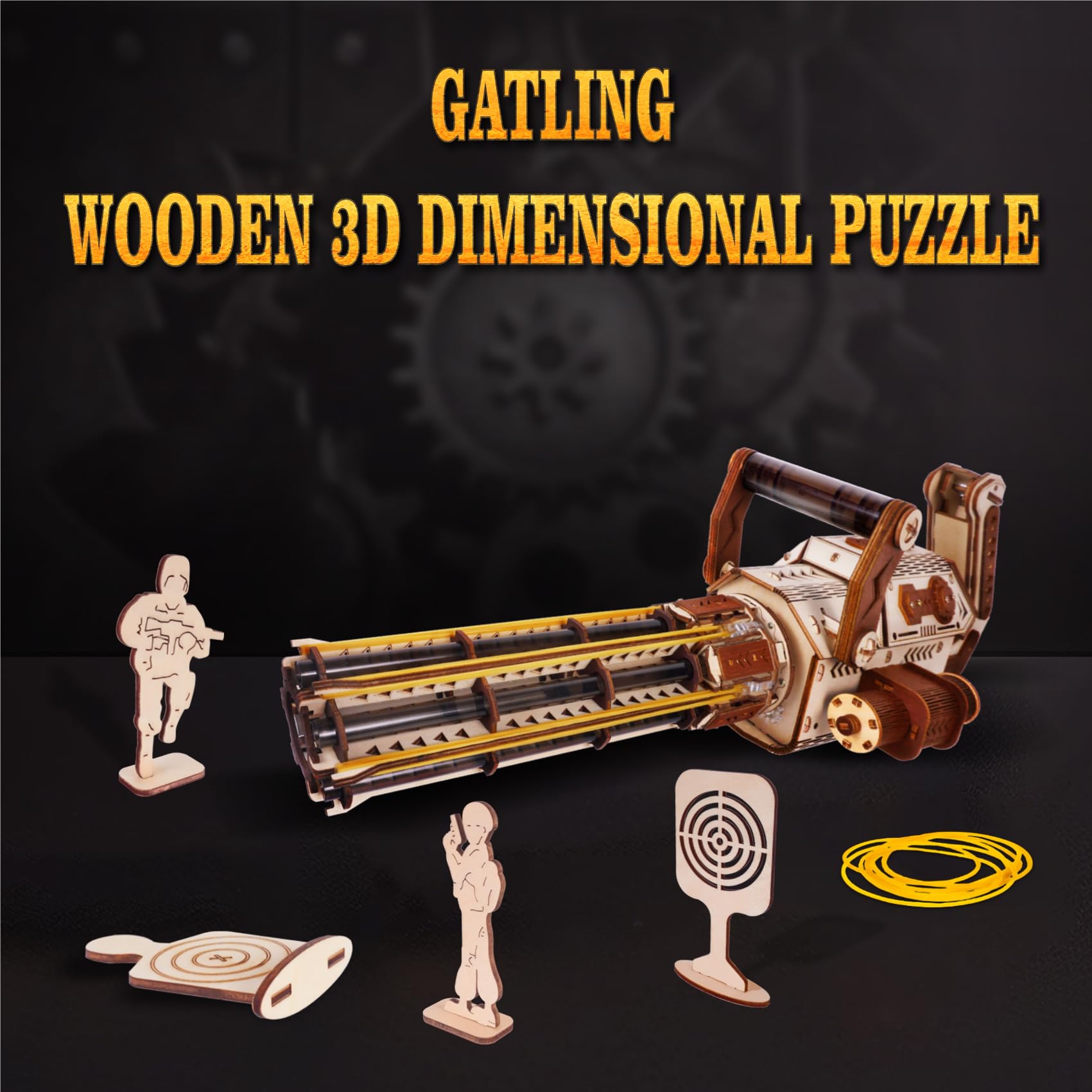 3D Wooden Gatlin Gun Puzzle for Adults - DIY Rubber Band Toy Gun Model Kit, Creative Gift for Men & Woodworking Enthusiasts | Fun Home Decoration & Stress Relief Activity