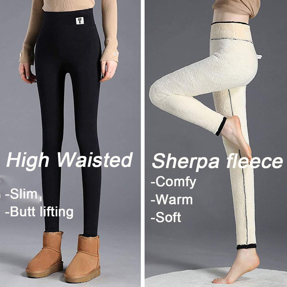 Women's Sherpa Lined Fleece Leggings - Super Thick Cashmere Winter Tights with Tummy Control & High Waist | Warm Stretchy Thermal Pants for Cold Weather, Yoga, Lounge & Outdoor Activities