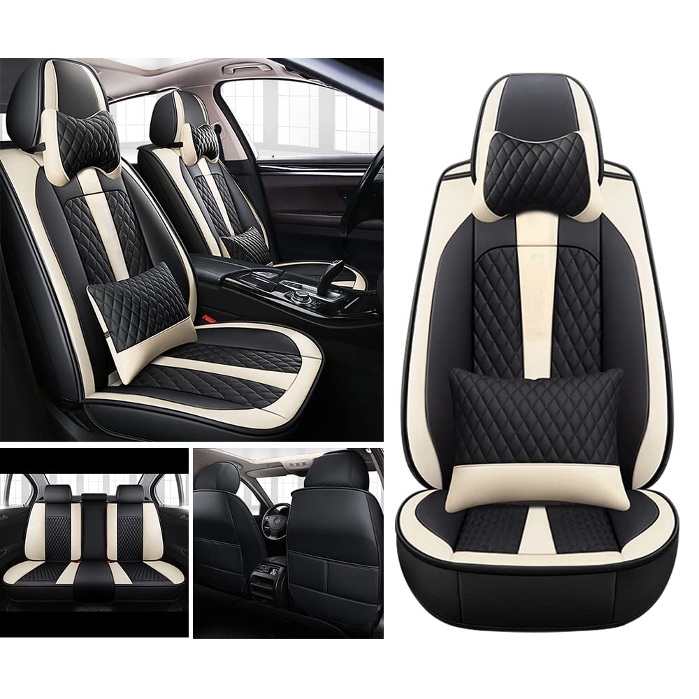 Premium Custom Leather Car Seat Covers for Toyota FJ Cruiser 2006-2017 - 5-Piece Set (Front & Rear) with Headrest & Lumbar Support - All-Weather Luxury Cushions in Black/Beige - Perfect for Road Trips, Daily Commutes & Off-Road Adventures