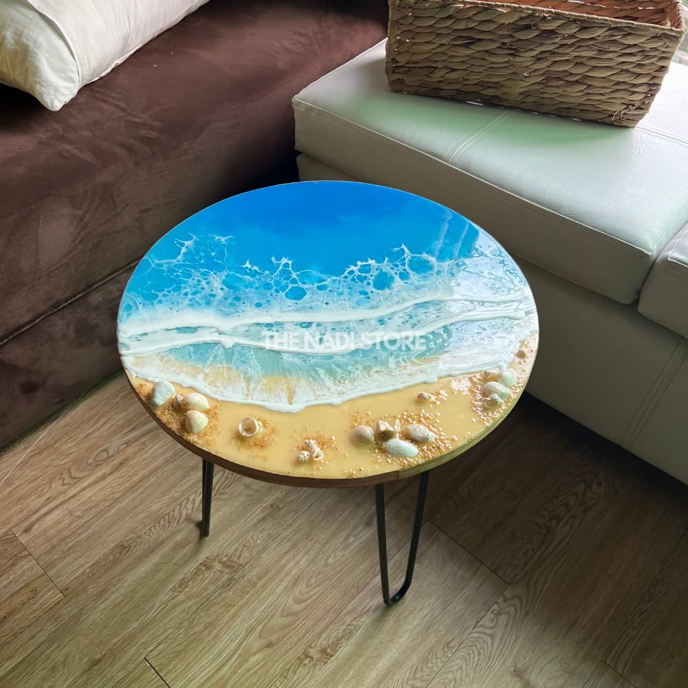 Epoxy Resin Coffee Table - 30 Inch Blue Ocean Themed End Table with Metal Legs for Beach House, Living Room, or Bedroom Nightstand - Perfect for Coastal Decor & Home Styling