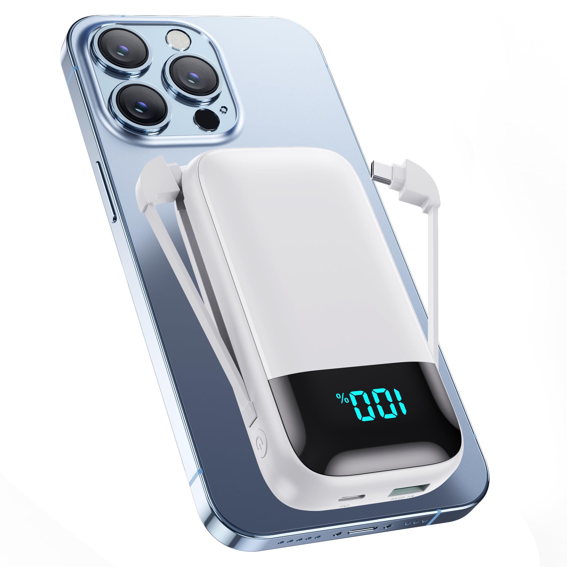 13800mAh PD Fast Charging Power Bank with Built-in Cables - Ultra Compact Portable Charger with LCD Display, 4 Outputs USB C Battery Pack for iPhone, Samsung & Android Phones (White) | Perfect for Travel, Camping & Emergency Charging