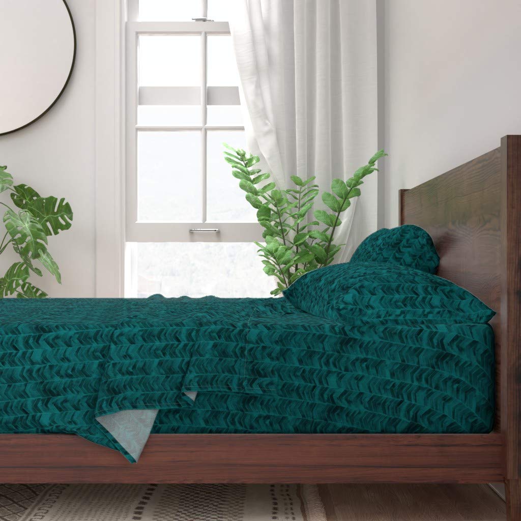 Spoonflower 100% Cotton Twin Size 3-Piece Sheet Set - Dark Teal Green Watercolor Chevron Herringbone Feather Emerald Scale Print Custom Bedding | Soft & Breathable for Comfortable Sleep | Perfect for Guest Rooms, Dorms & Cozy Bedrooms