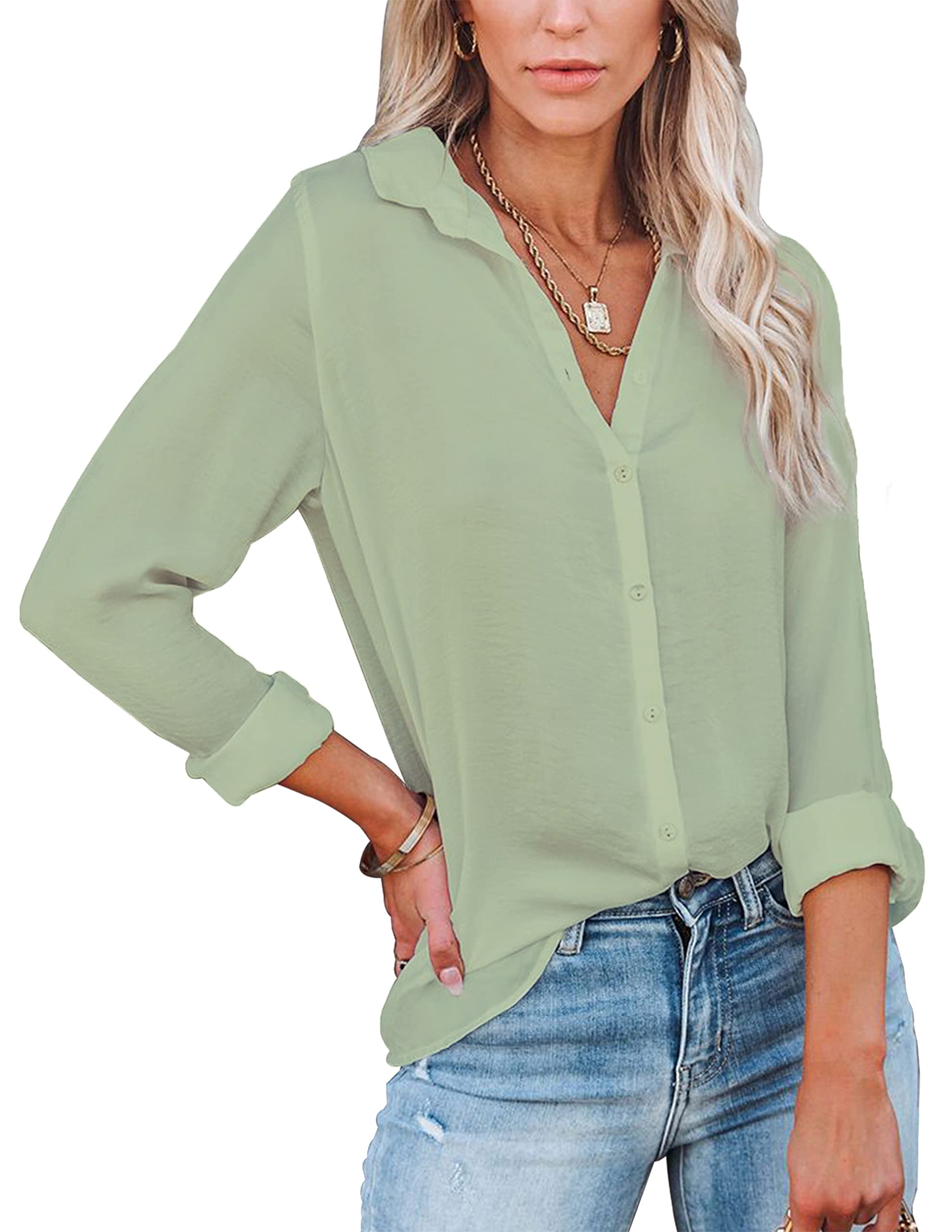 Diosun Women's Button Down V-Neck Shirts - Long & Short Sleeve Office Casual Blouses - Perfect for Business, Work & Everyday Wear