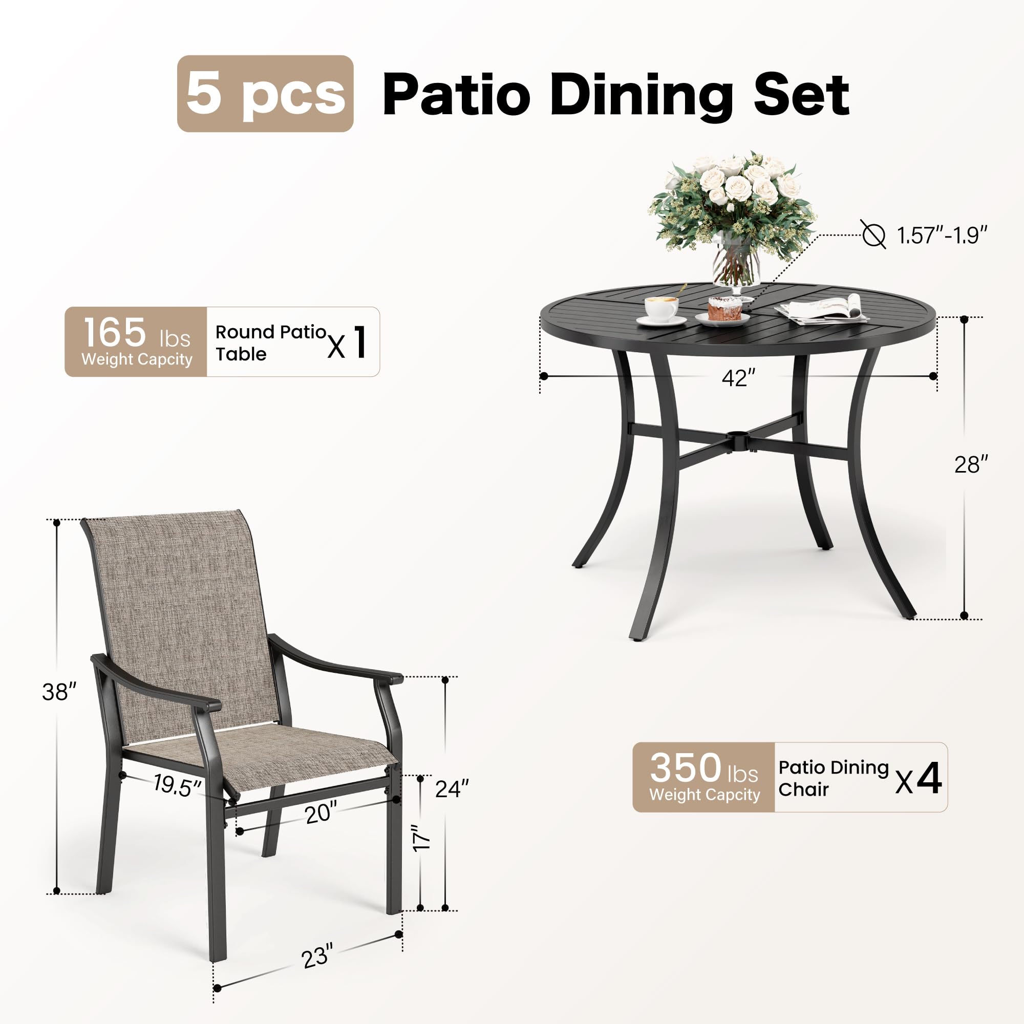 5-Piece Outdoor Patio Dining Set with Round Table & 4 Textilene Chairs - Perfect for Garden, Backyard, Deck & Poolside Gatherings (Seats 4)
