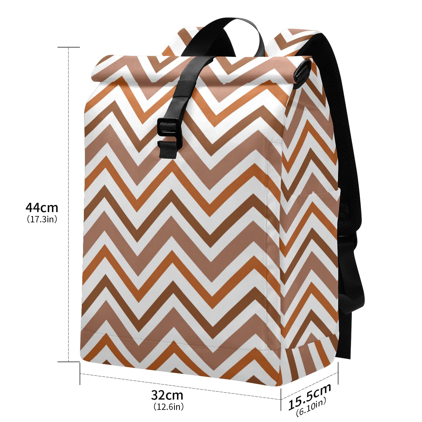 Acpiggto Roll Top Backpack - Brown Zigzag Striped Geometric Design, Classic Travel Daypack with Padded Shoulder Straps (Large & Medium Sizes) - Perfect for Hiking, Commuting & College Campus Use