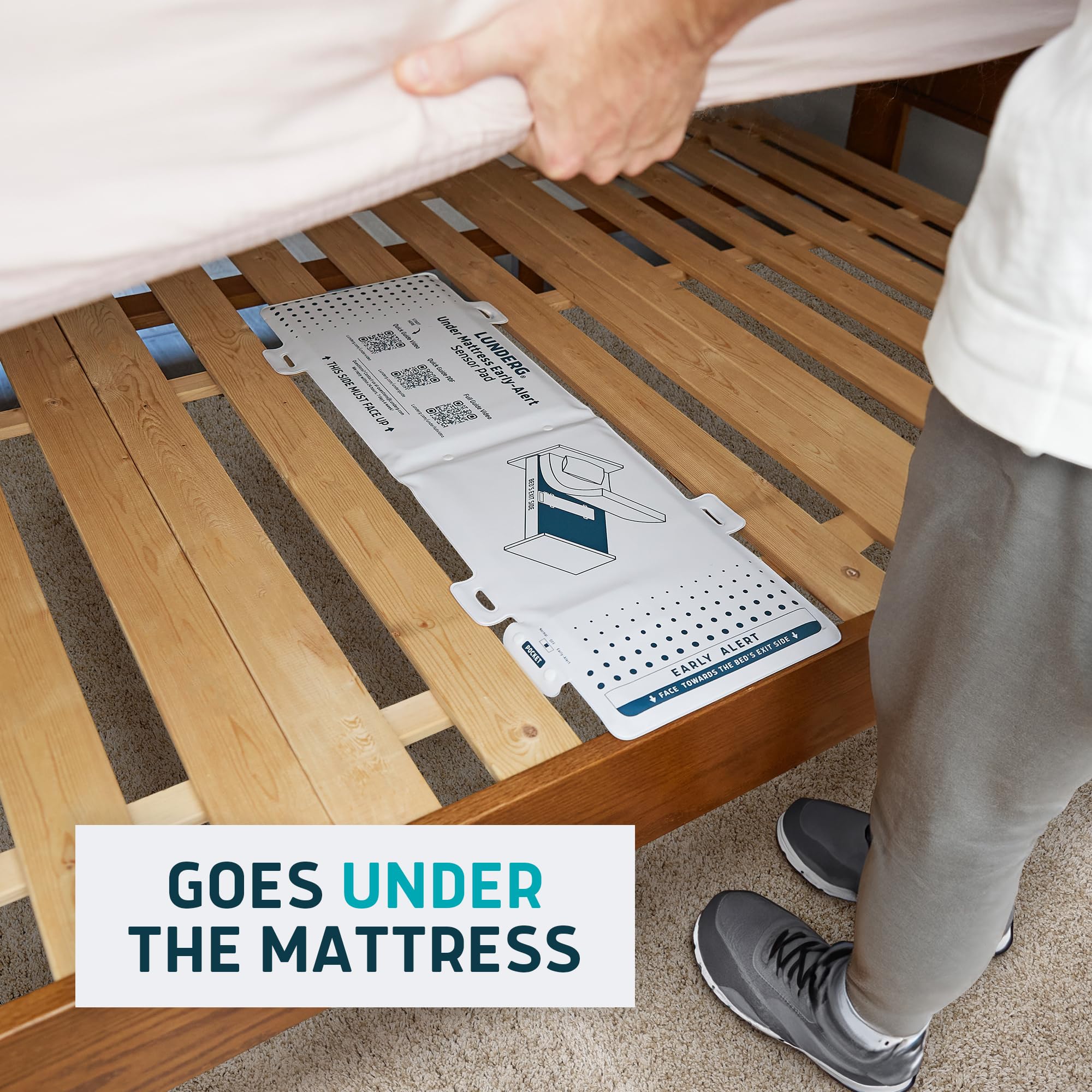 Lunderg Wireless Under Mattress Bed Alarm for Seniors - Fall Prevention Sensor Pad with Early Alert Pager System - Elderly Safety & Dementia Care Device - Low False Alarms - Ideal for Nursing Homes & Home Care Use