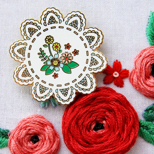 Vintage Floral Doily Needle Minder for Sewing & Embroidery - Magnetic Pin Holder for Quilting, Crafting & DIY Projects - Perfect for Needlework, Cross Stitch & Fabric Arts (Flamingo Toes)