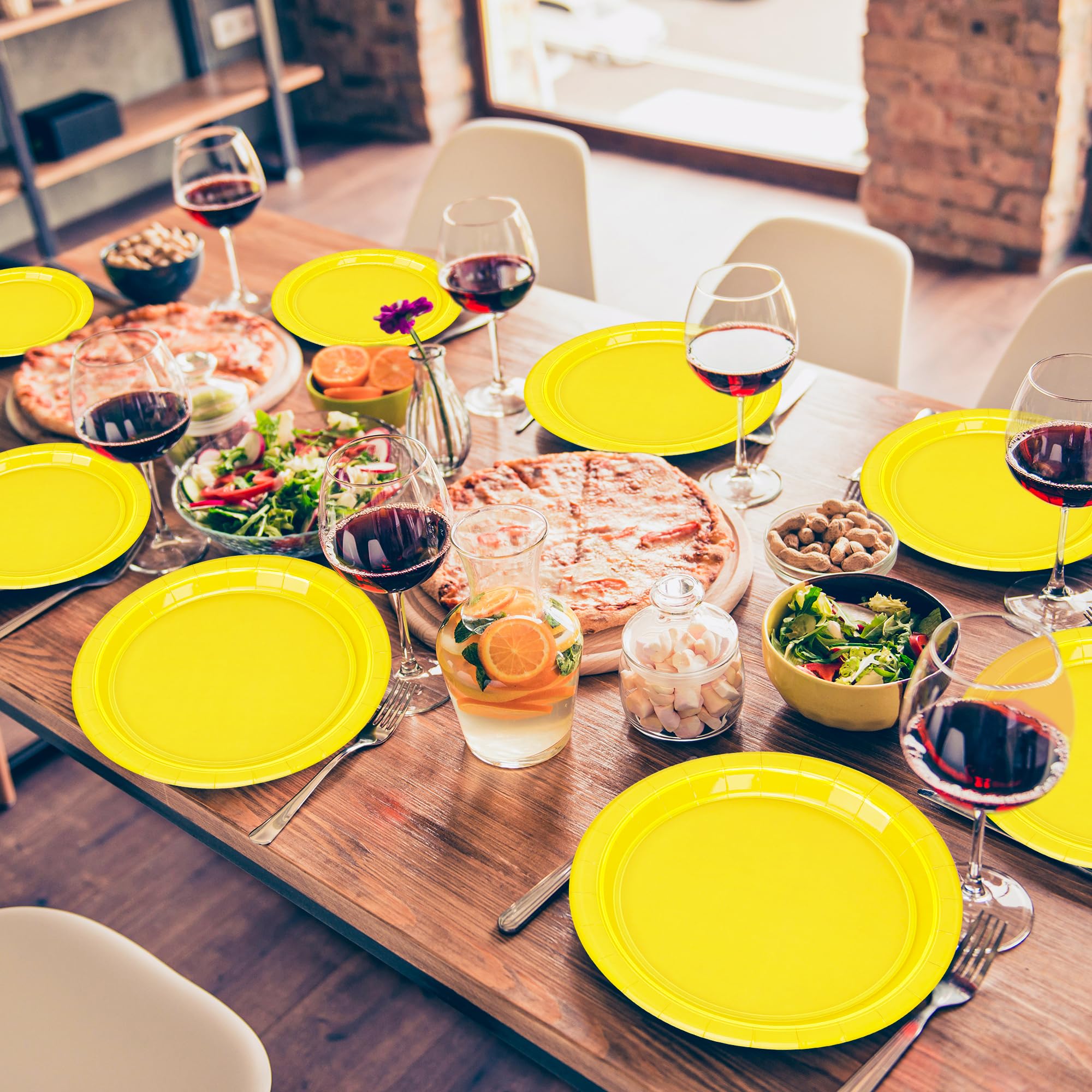 QZYL 50-Pack Disposable 9-Inch Round Paper Plates - Yellow Dinner Plates for Parties, Picnics, Weddings & Events | Eco-Friendly Party Supplies for Daily Meals, Anniversaries & Festive Gatherings