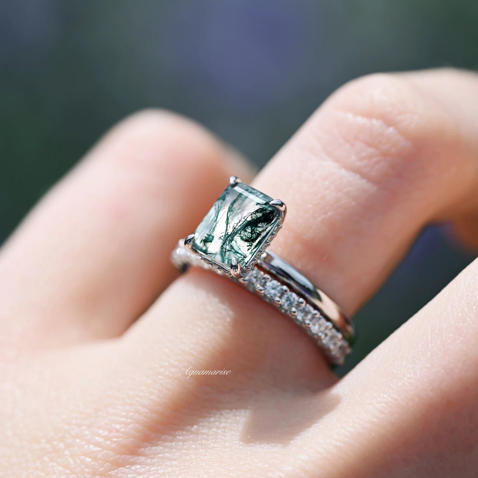 Hidden Halo Moss Agate Engagement Ring Set in Sterling Silver - Elegant Wedding Band for Women, Perfect for Proposals, Anniversaries & Romantic Occasions