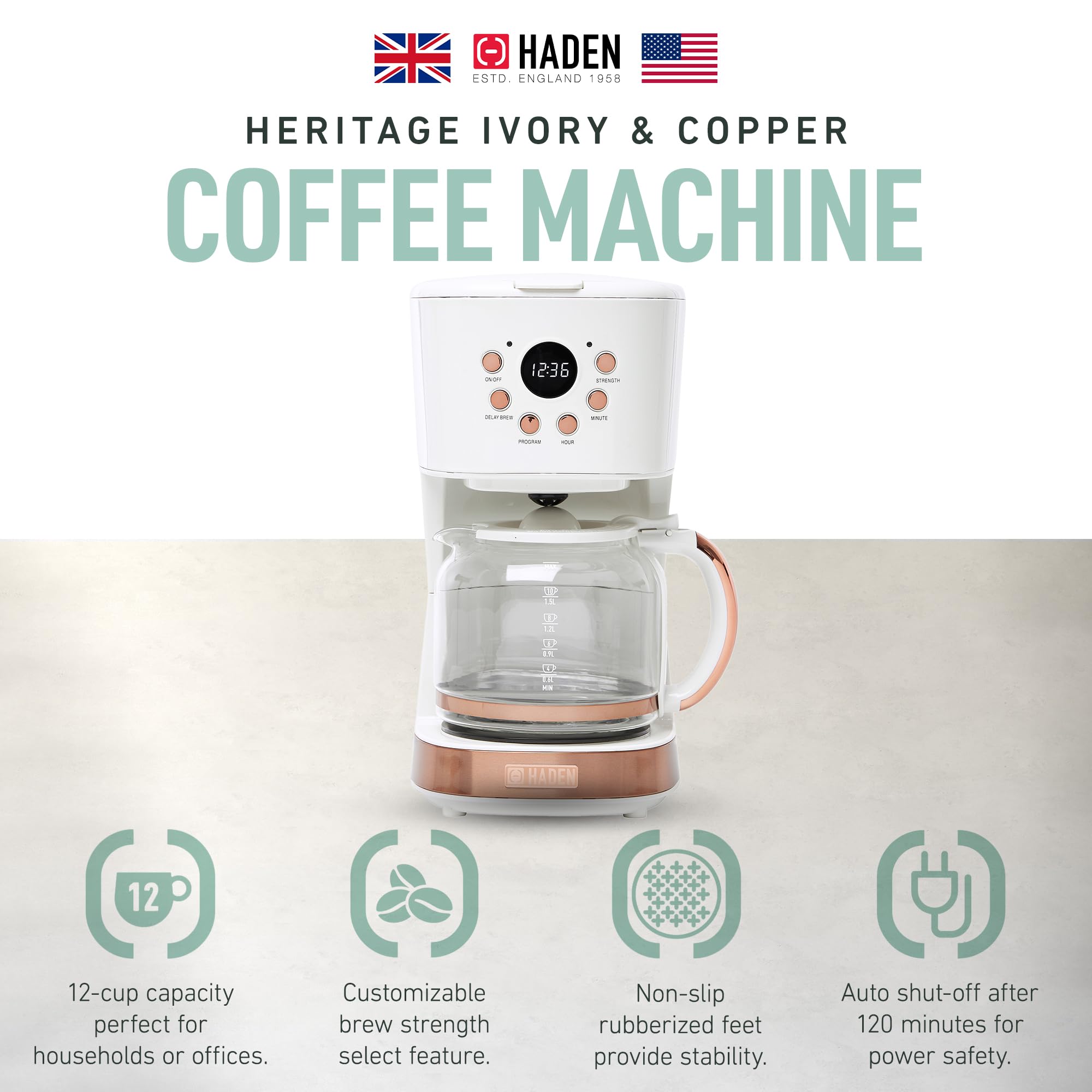 Haden 12 Cup Programmable Drip Coffee Maker with Auto Shut-Off & Reusable Filter - Ivory & Copper Coffee Machine for Home, Office & Kitchen Use