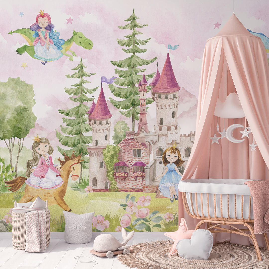 Magic Castle with Princesses Wall Mural WM069 - Kids Room Decoration, Nursery Wall Sticker, Fantasy Bedroom Decor for Girls