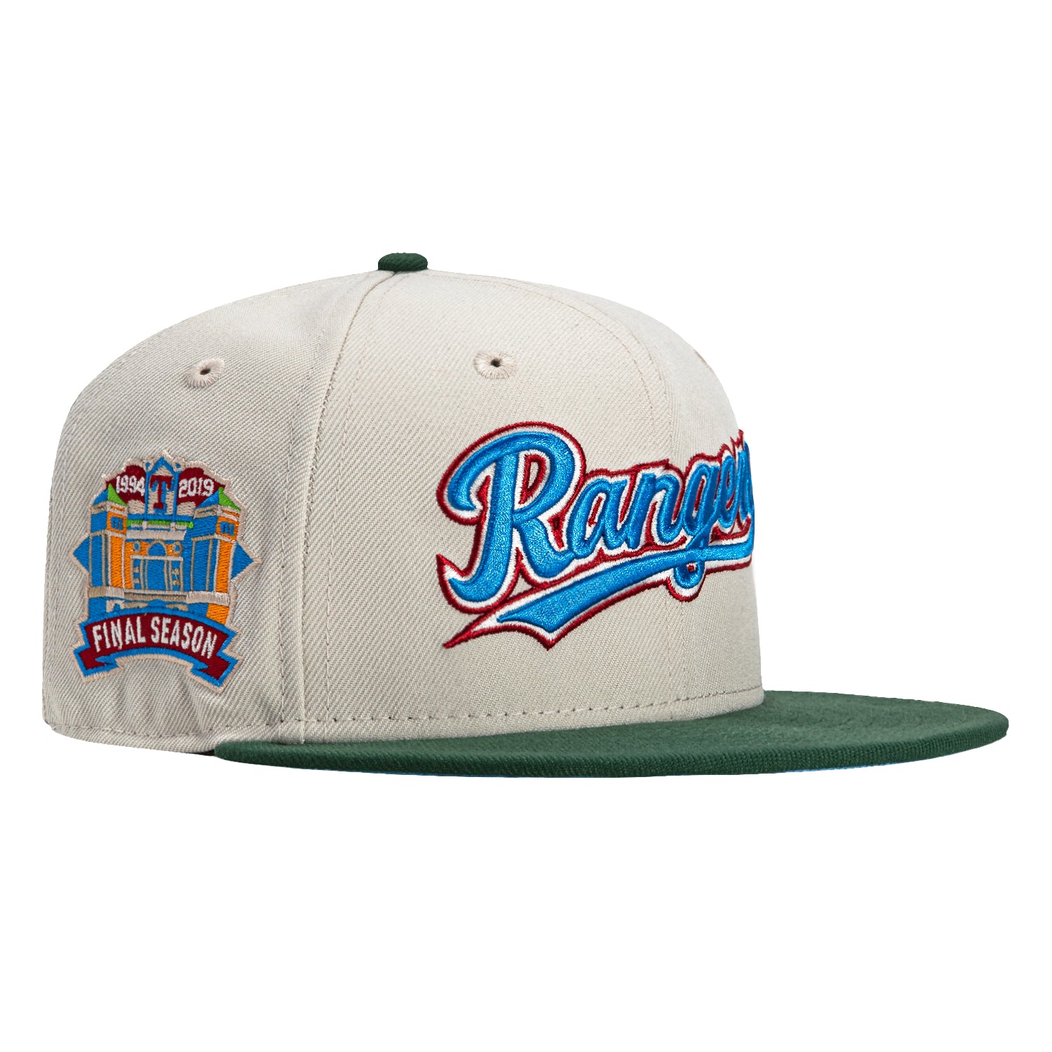 New Era 59Fifty Texas Rangers Final Season Patch Script Hat - Stone & Green - Perfect for Baseball Games, Fan Collections, and Casual Streetwear