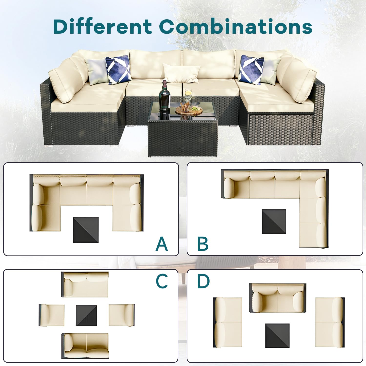 7-Piece Outdoor Patio Furniture Set - Wicker Rattan Sectional Sofa with Cushions & Glass Table, Modular Conversation Set for Porch, Poolside, Backyard, Garden - Perfect for Relaxing & Entertaining Outdoors
