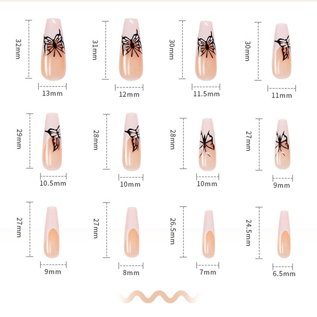 Long Square Coffin Press on Nails - Glossy Pink Butterfly Fake Nails with Ballerina French Tips - 24Pcs Acrylic Artificial Nail Set for Women & Girls - Perfect for Parties, Weddings, and Daily Wear