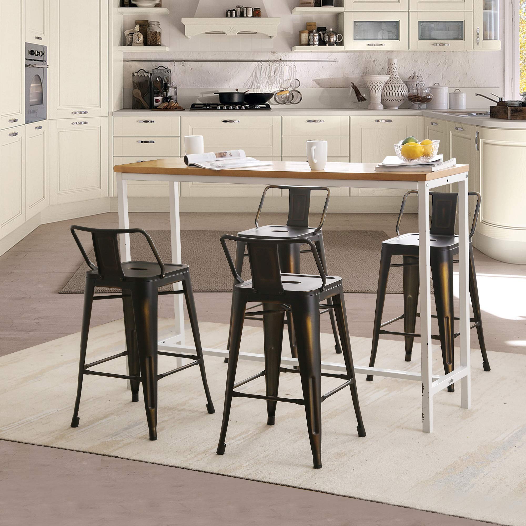 Aklaus Industrial Metal Bar Stools Set of 4 - 30 Inch Bar Height Stools with Back, Distressed Gold Finish - Modern Kitchen & Dining Chairs for Indoor/Outdoor Use - Perfect for Home Bars, Kitchen Islands, and Patio Seating