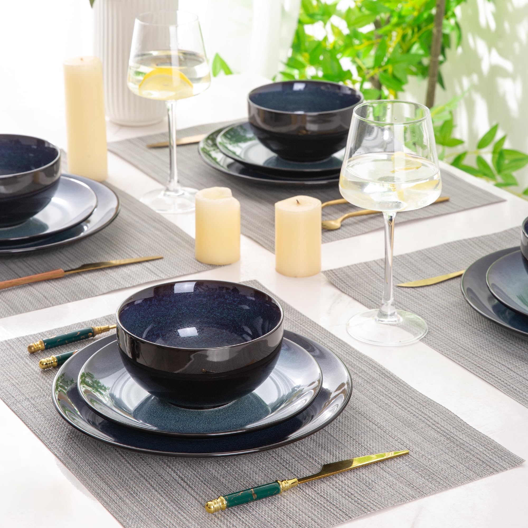 Premium LeRatio 18-Piece Ceramic Dinnerware Set for 6 - Handmade Reactive Glaze Plates & Bowls - Chip & Scratch Resistant - Oven, Dishwasher & Microwave Safe - Elegant Blue Tableware for Everyday Dining & Entertaining