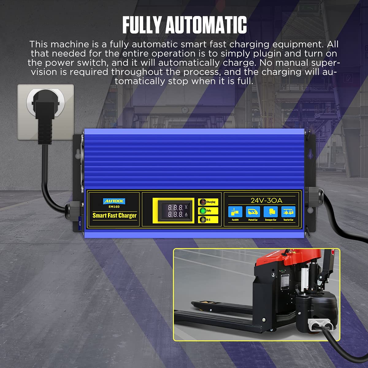 QPKING 24V 30A Smart Battery Charger - Fully Automatic Charger & Tester for Forklift, Golf Cart, Club Car - Perfect for Warehouse, Golf Course & Industrial Use