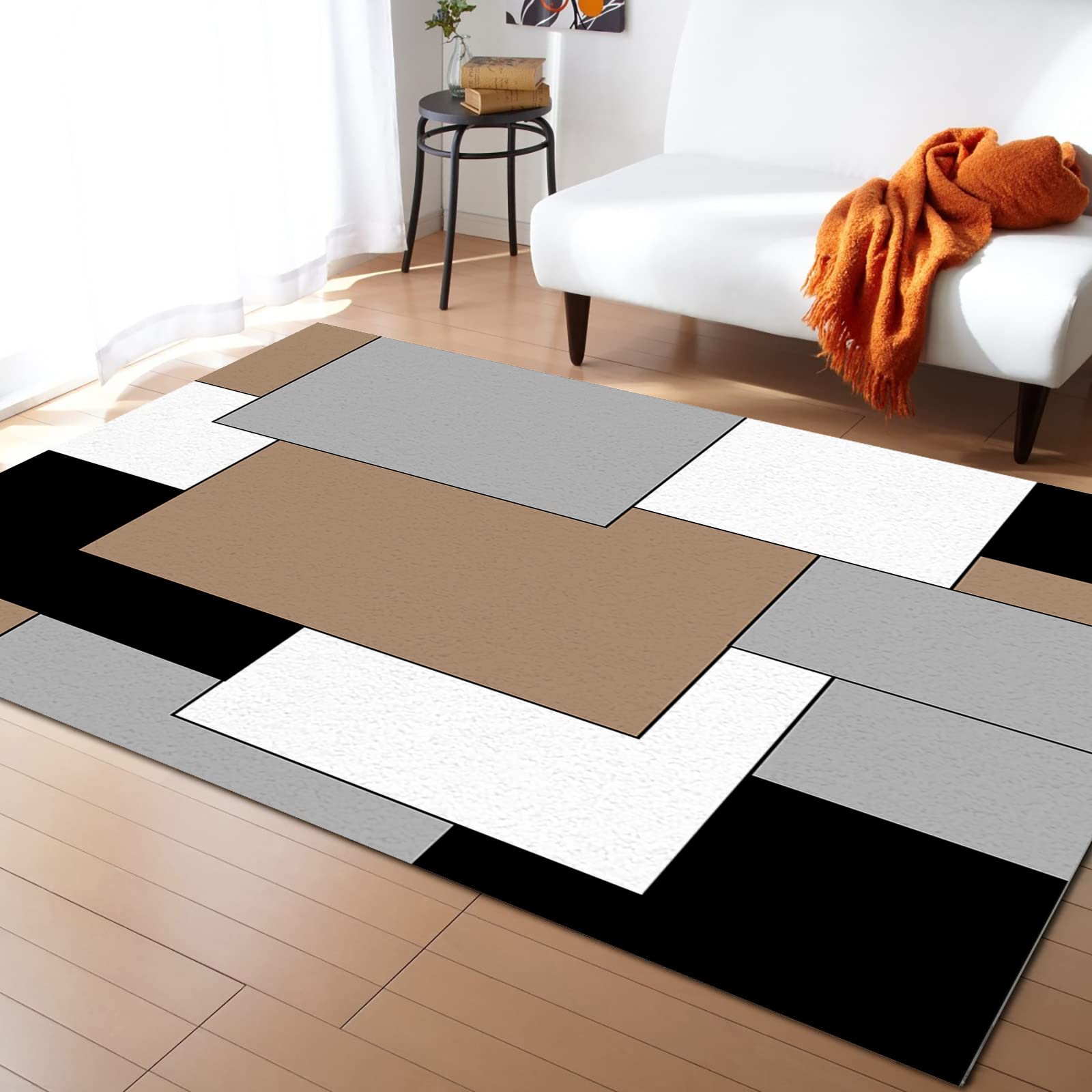 5x8 ft Brown Black Geometric Area Rug - Non-Slip Rectangle Rug with Rubber Backing, Abstract Color Block Design in Brown Black Gray - Modern Floor Mat for Living Room, Entryway, Bedroom & Office Decor | Perfect for Contemporary Homes & High Traffic Areas