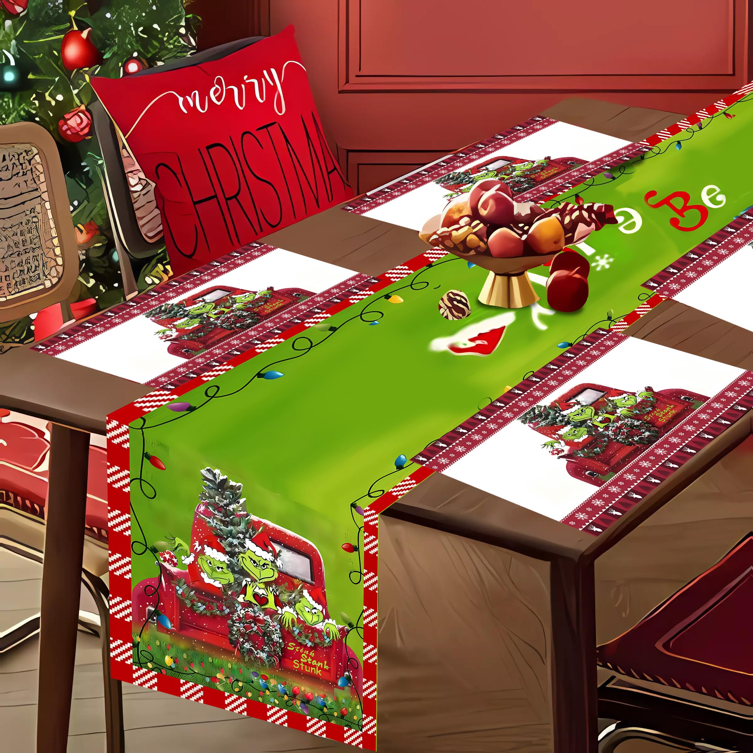 Christmas Table Runner and 4-Piece Placemats Set - 13x72 Inch Believe Themed Holiday Decor with 12x18 Inch Green Elf Placemats - Perfect for Festive Dining Table, Kitchen Decorations, Holiday Parties & Christmas Home Decor (Green)