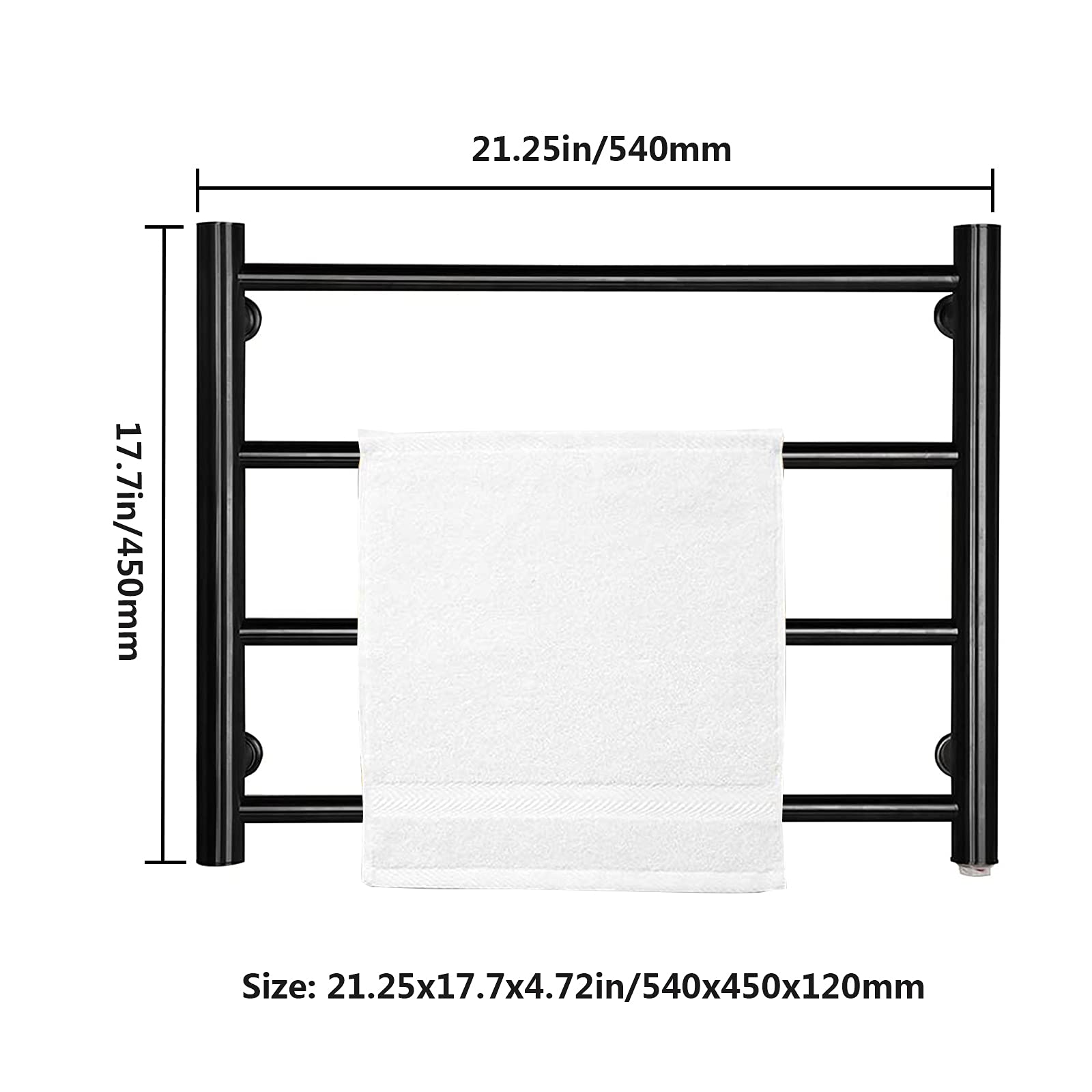 Premium 304 Stainless Steel Electric Towel Warmer - 4 Round Bar Wall Mounted Heated Towel Rack (58W Hardwired) for Bathroom, Spa & Hotel - Space Saving Black Design for Modern Luxury Interiors