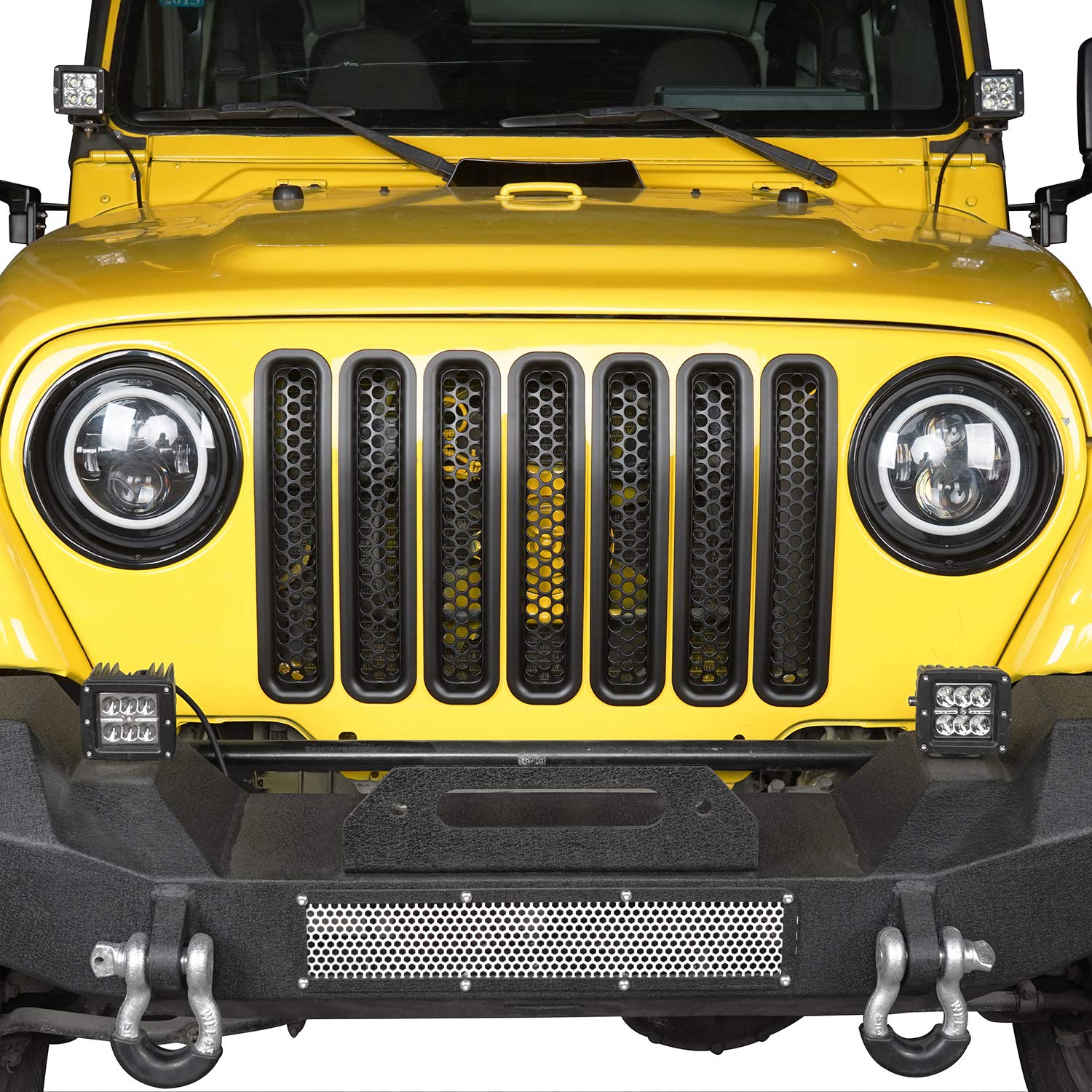 Hooke Road Black Front Grill Mesh Inserts - Honeycomb Grille Guards for 1997-2006 Jeep Wrangler TJ & Unlimited (7-Piece Set) - Durable Off-Road Protection & Custom Style Upgrade for Jeep Enthusiasts