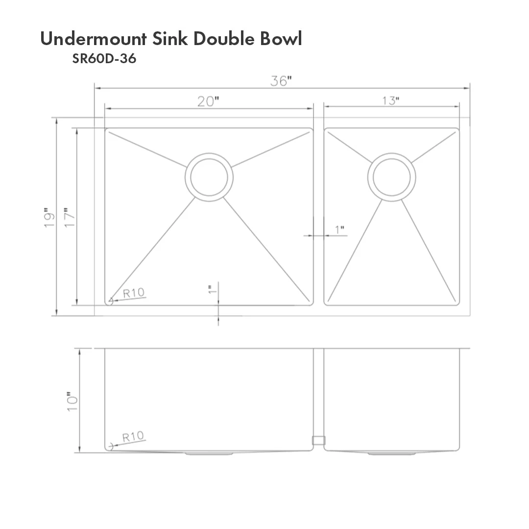 Zline SR60D 36S 36-Inch Undermount Double Bowl Kitchen Sink with Bottom Grid - Premium Stainless Steel Farmhouse Sink for Modern Kitchens, Baking & Large Meal Prep
