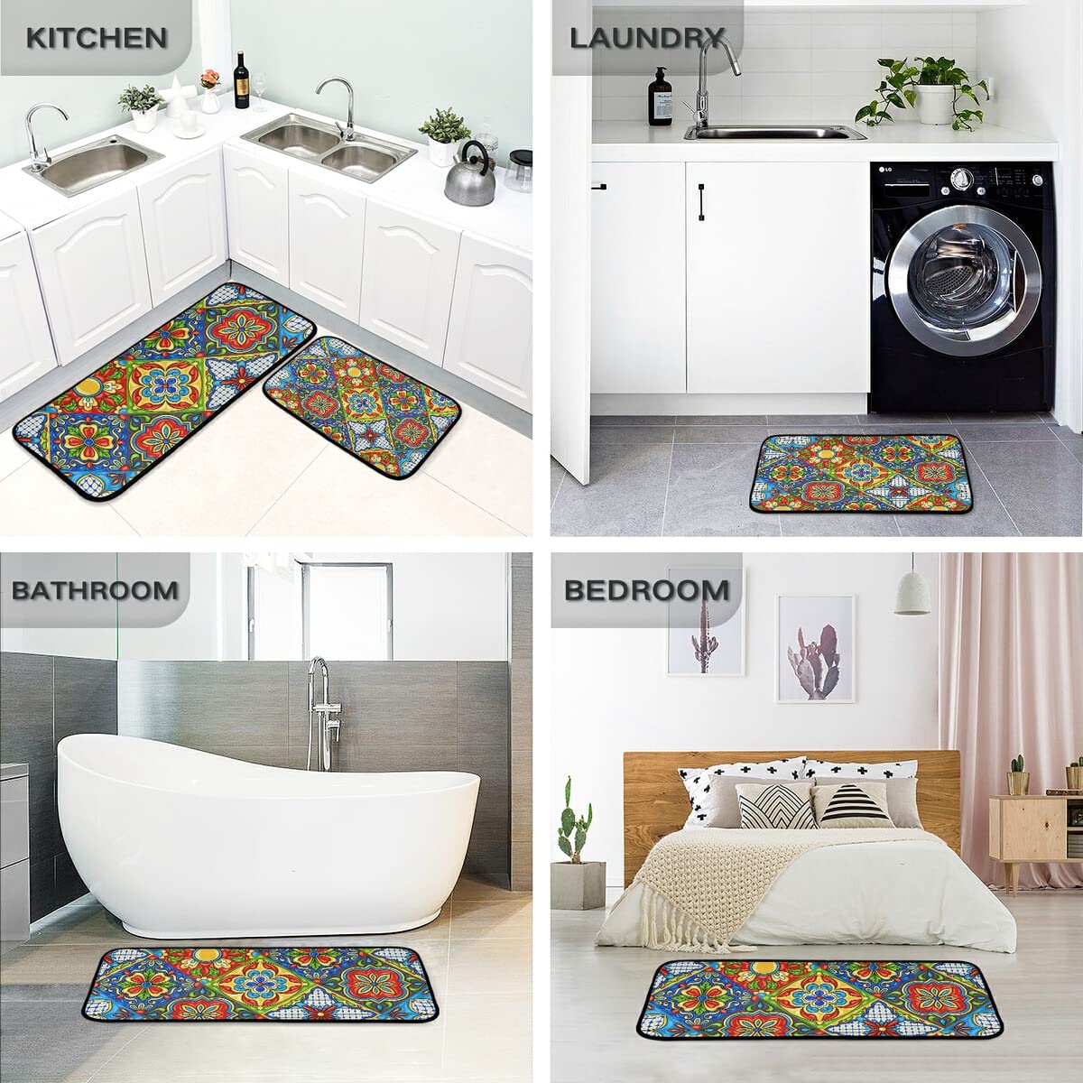 Emelivor Mexican Talavera Tile Non-Slip Kitchen Rugs Set of 2 - Washable Floor Mats for Home, Kitchen & Laundry - Decorative Runner Rug Set with Anti-Skid Backing (Perfect for High-Traffic Areas & Spill-Prone Spaces)