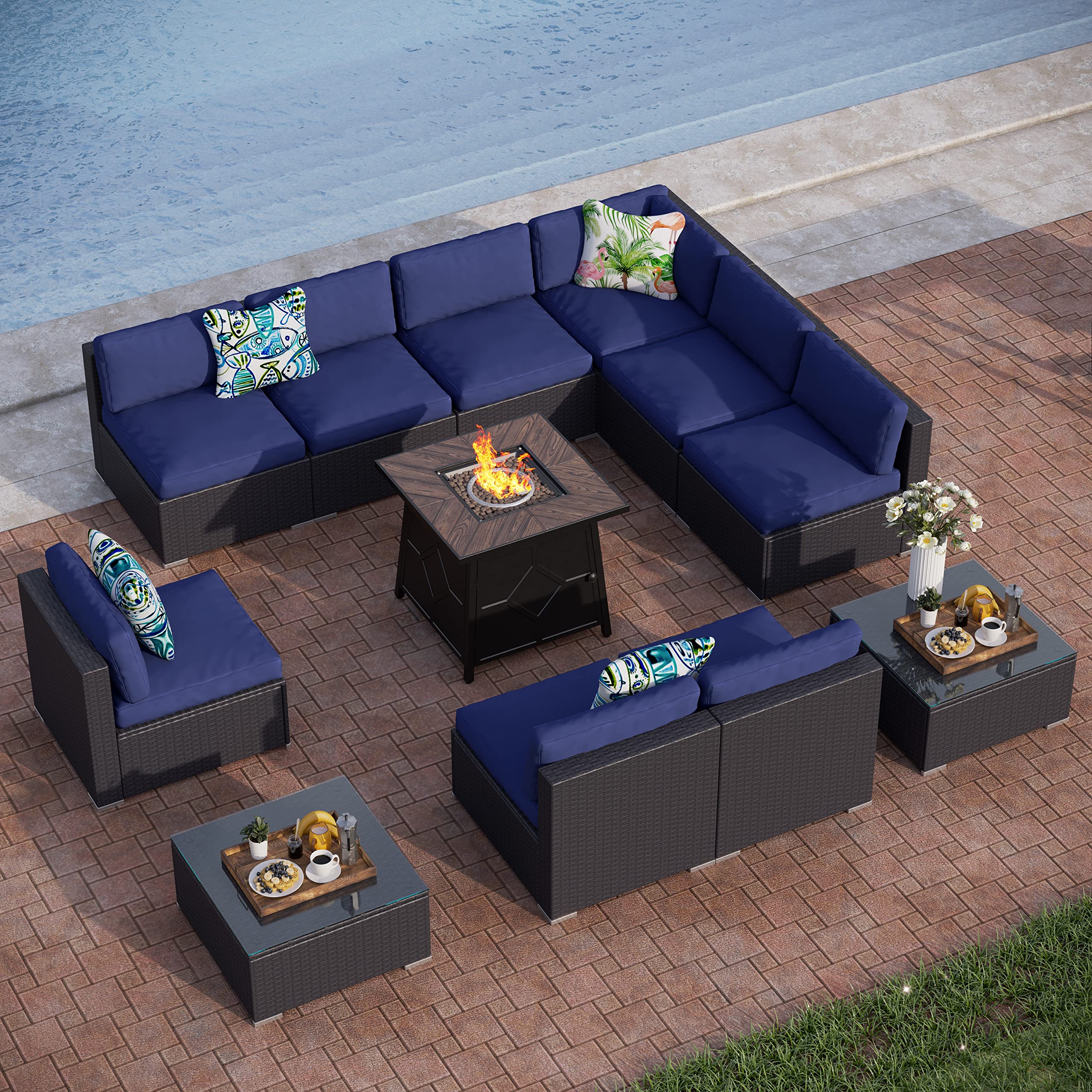 PHI VILLA 12-Piece Outdoor Patio Furniture Set with CSA Approved Gas Fire Pit - Navy Blue Wicker Sectional Sofa, Coffee Table & Wood-Like Tabletop for Backyard, Garden, Poolside & Patio Relaxation