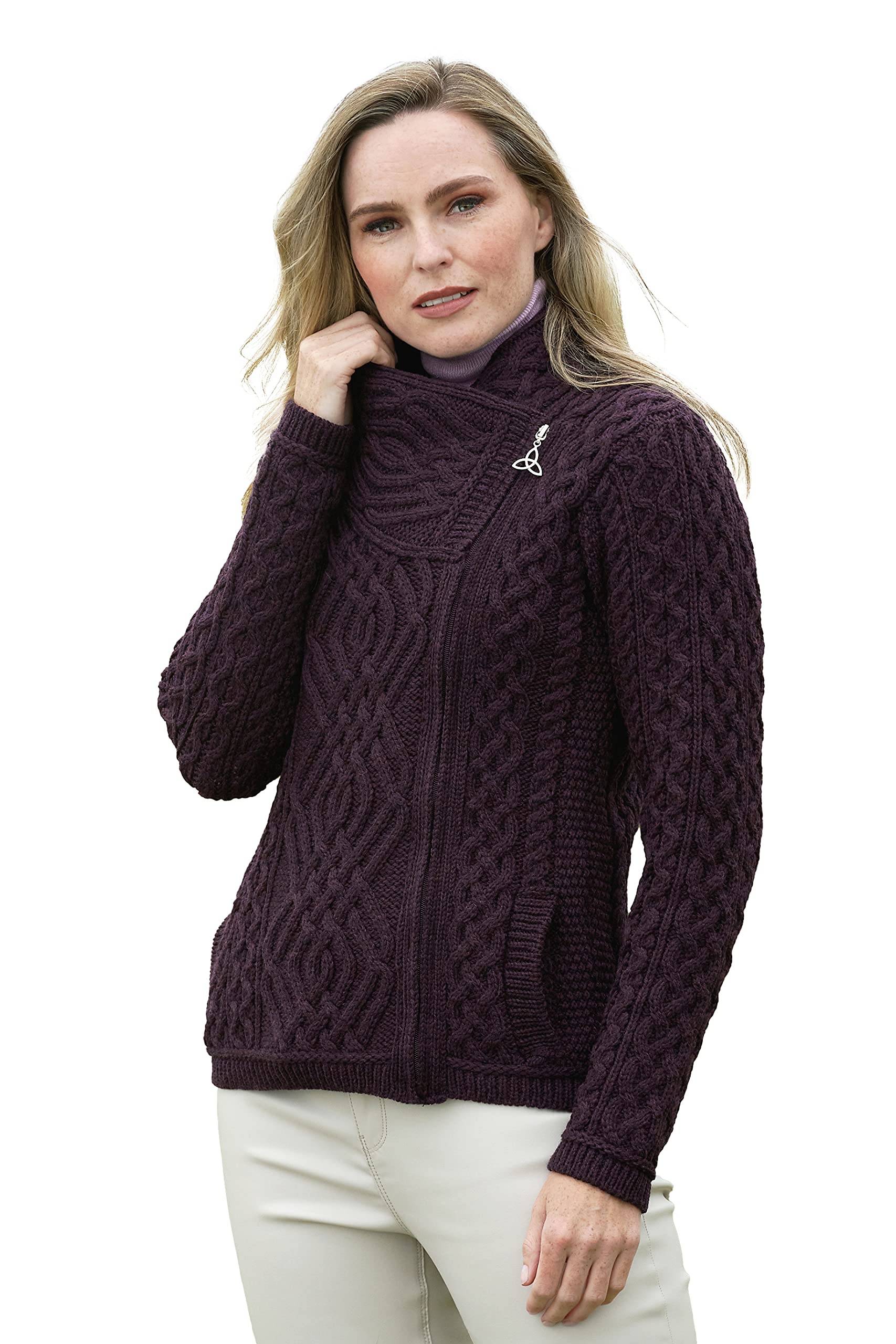 Aran Crafts Women's Irish Cable Knit Wool Cardigan with Side Zip - 100% Merino Wool - Warm Winter Sweater for Casual Outfits & Cozy Home Wear
