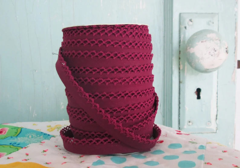 Cranberry Solid Double Fold Lace Bias Tape by the Yard - Perfect for Sewing, Quilting, and DIY Garment Trims