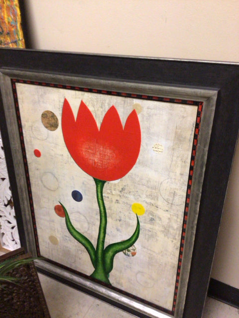 Red Tulip Framed Wall Art - Hand Painted Floral Canvas Painting - Perfect for Living Room, Bedroom & Office Decor
