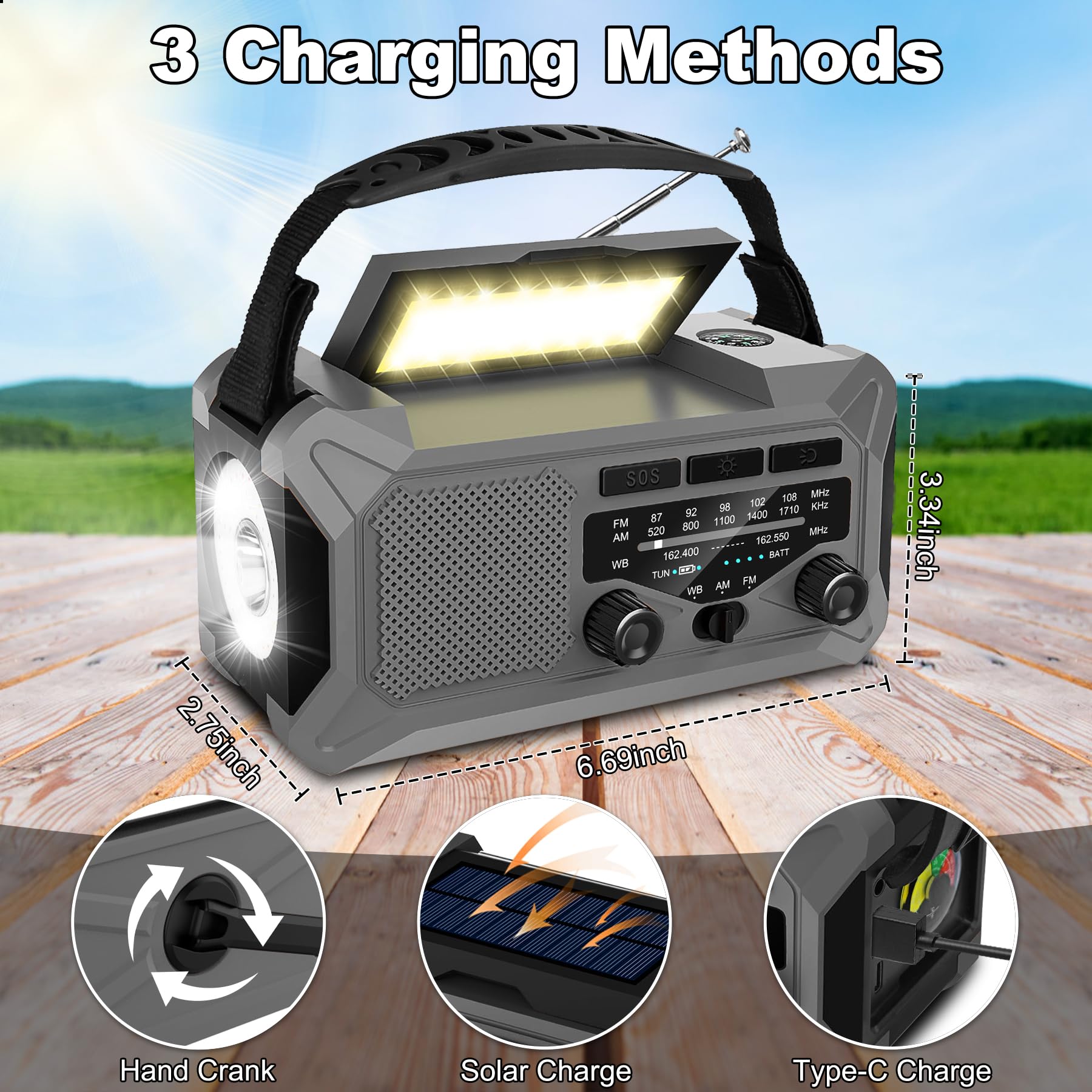 10000mAh Solar Emergency Weather Radio - Portable AM/FM/NOAA Radio with Hand Crank, LED Flashlight, Reading Lamp, Compass & Phone Charger - Perfect for Outdoor Camping, Hiking & Emergency Preparedness (Grey)