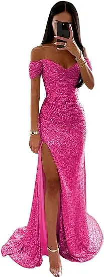 Elegant Off Shoulder Sequin Mermaid Maxi Dress for Women | 2025 Prom Party Evening Gown | Perfect for Formal Events, Weddings & Special Occasions