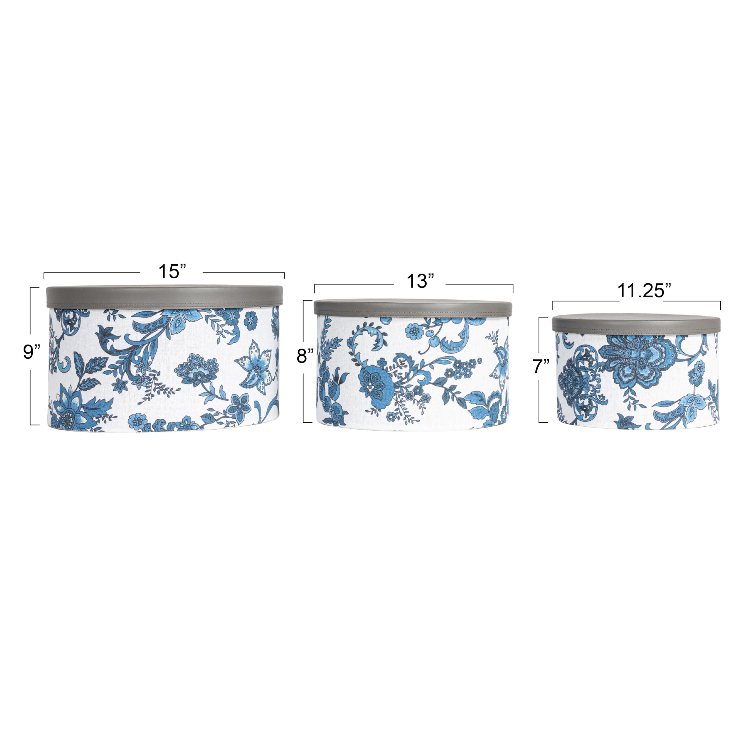 Premium Floral Nestable Hat Boxes with Faux Leather Lids - Cream & Blue Set of 3 | Stylish Home Storage for Hats, Scarves & Accessories | Perfect for Closet Organization & Gift Packaging