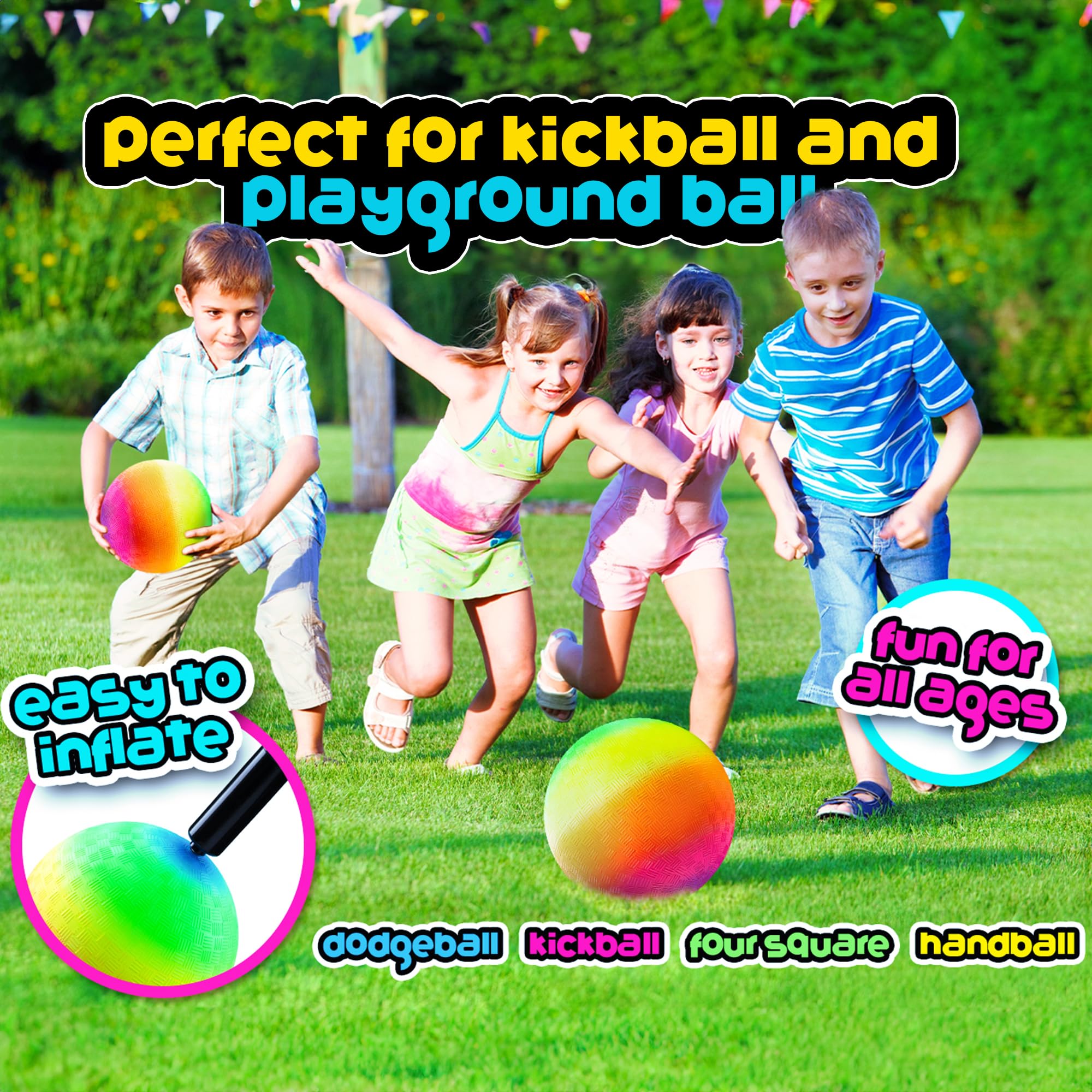 Bedwina 8.5Inch Rainbow Playground Balls - Durable Rubber Bouncy Inflatable Balls for Kids & Adults - Perfect for Kickball, Dodgeball, Four Square & Handball - Indoor/Outdoor Play, Gym Class, Backyard Games & School Recess
