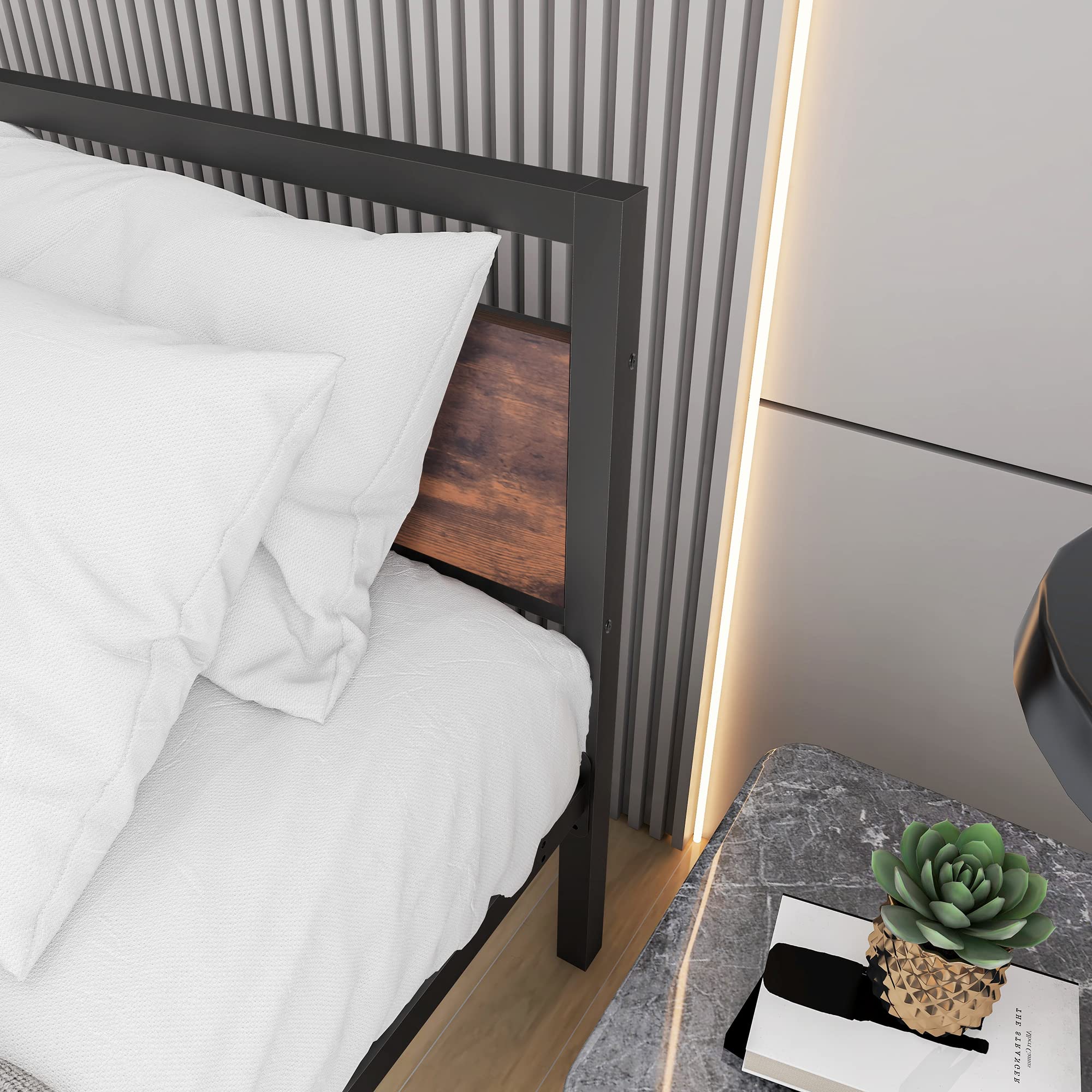 BOFENG Black Queen Size Bed Frame with Wood Headboard - Heavy Duty Platform Bed with Storage, No Box Spring Needed, Sturdy Steel Slats, Noise Free (Brown) - Perfect for Master Bedrooms, Guest Rooms & Small Spaces