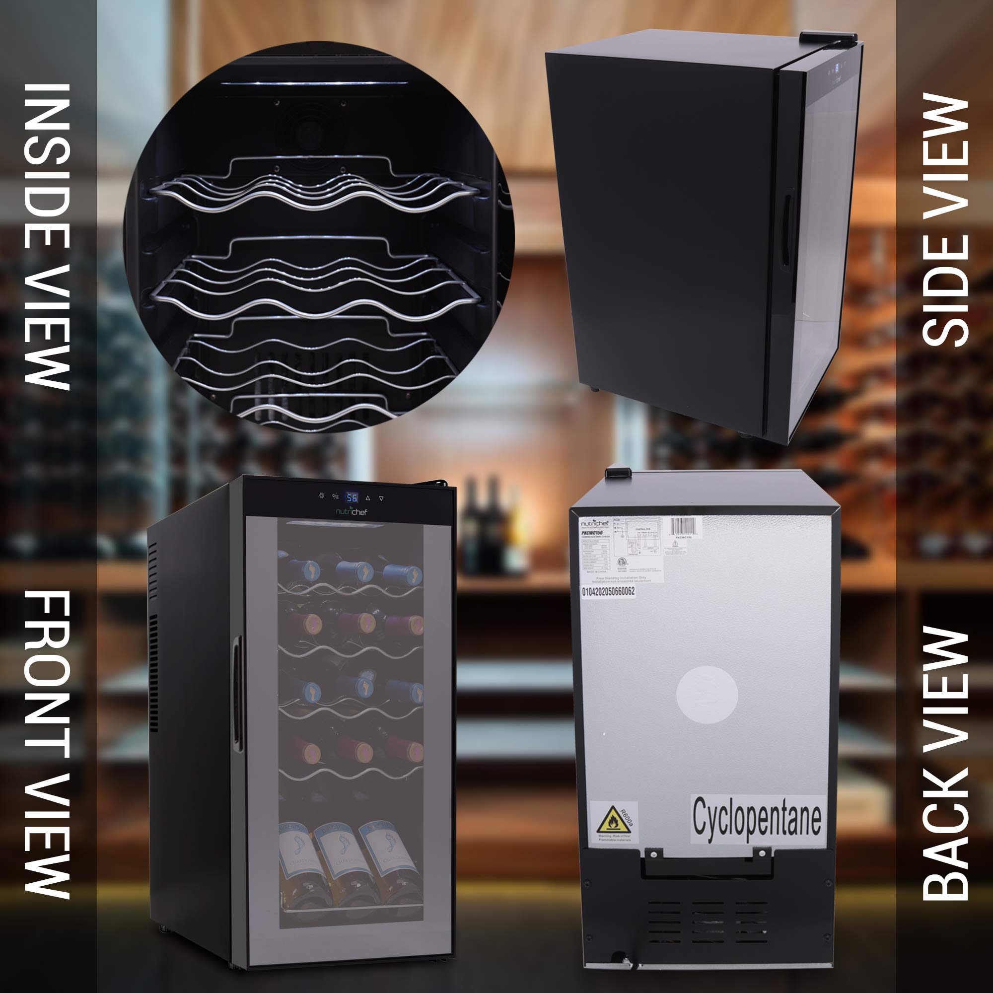 NutriChef 15-Bottle Compact Wine Cooler - Freestanding Mini Refrigerator with Digital Touch Control, Glass Door & Quiet Operation - Perfect for Home, Office, or Bar (Black, White & Red)