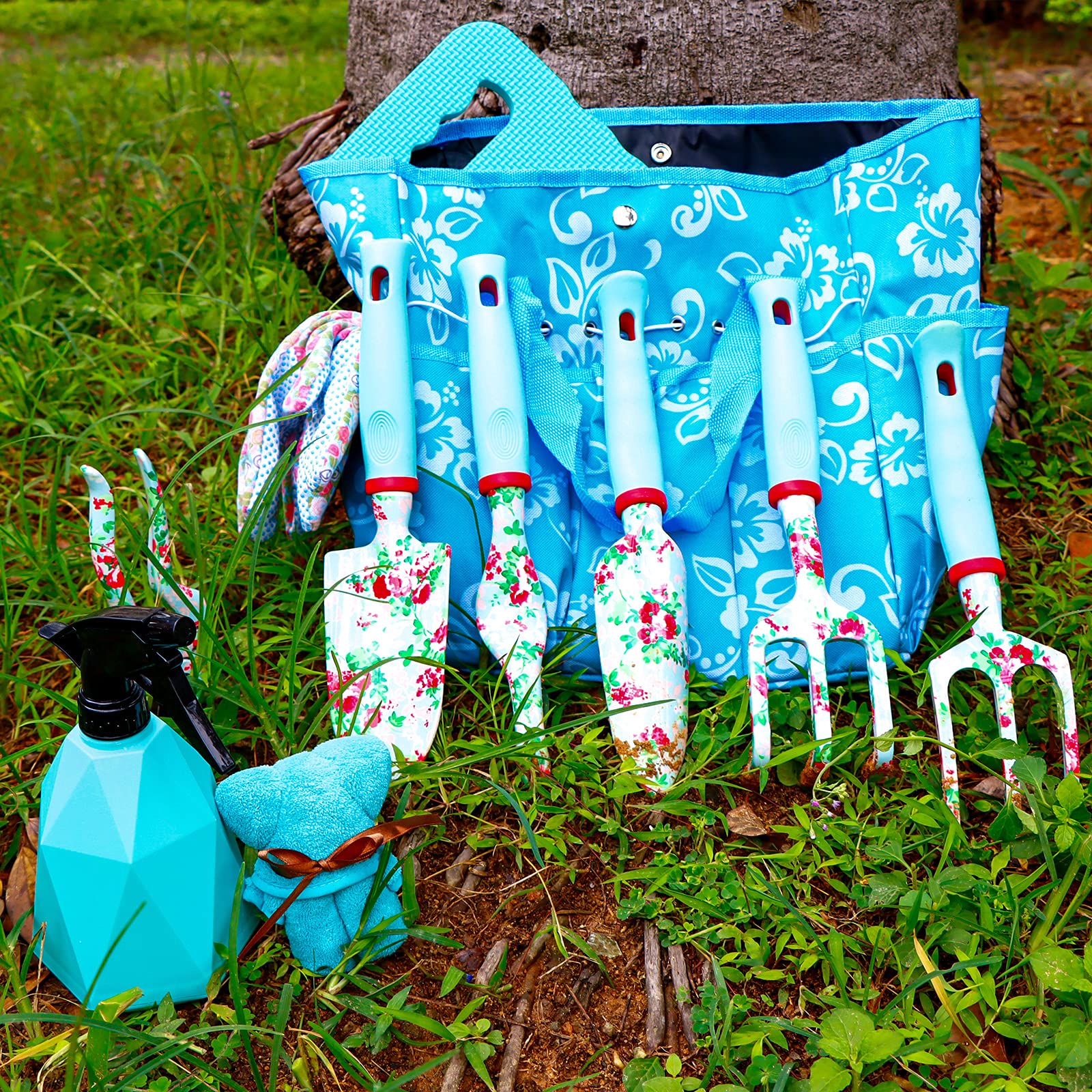 Premium 11-Piece Heavy Duty Floral Garden Tools Set - Includes Hand Trowel, Rake, Weeder, Pruner & Sprayer - Complete Gardening Kit with Storage Tote Bag & Gloves - Perfect Gift for Women Gardeners - Ideal for Planting, Weeding, Pruning & Outdoor Gardening Activities
